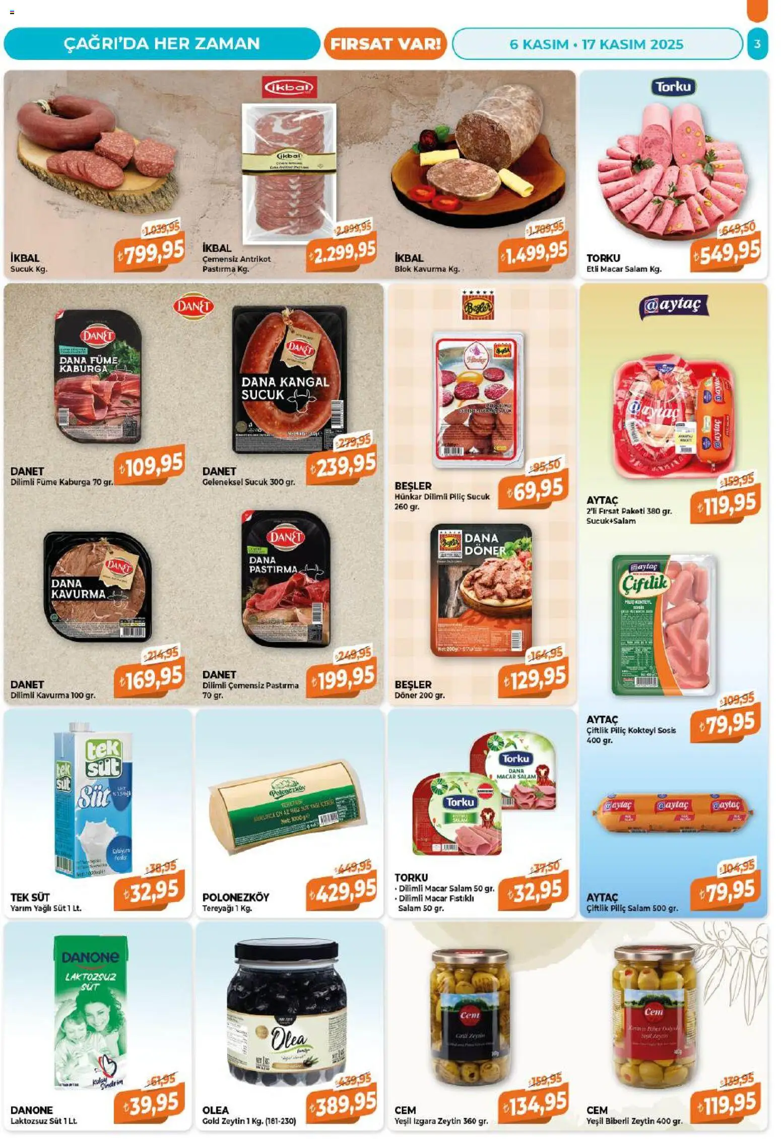 Çağrı Market Katalog - 06.11.2025 tarihinden itibaren geçerlidir | Sayfa: 3 | Ürünler: Süt, Salam, Sosis, Piliç