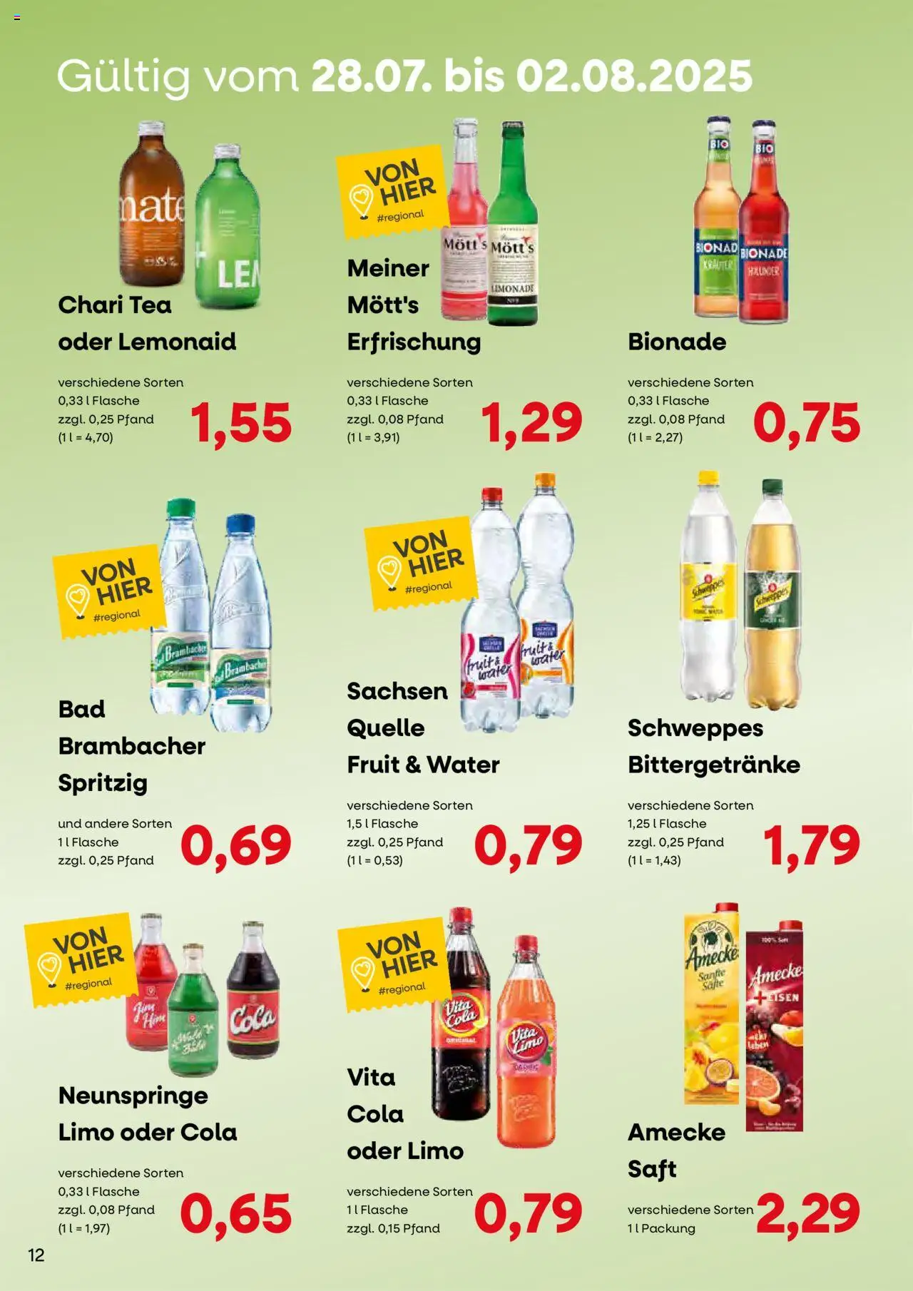 KONSUM Leipzig - Nah. Frisch. Freundlich. - gültig ab dem 28.07.2025 | Seite: 12 | Produkte: Cola, Limonade, Bionade, Schweppes