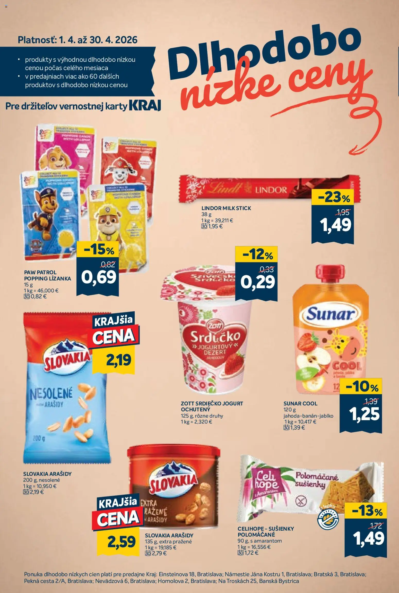 Nové Kraj akcie – leták je platný od 09.04.2026 | Strana: 16 | Produkty: Jogurt, Lindor, Sunar, Arašidy