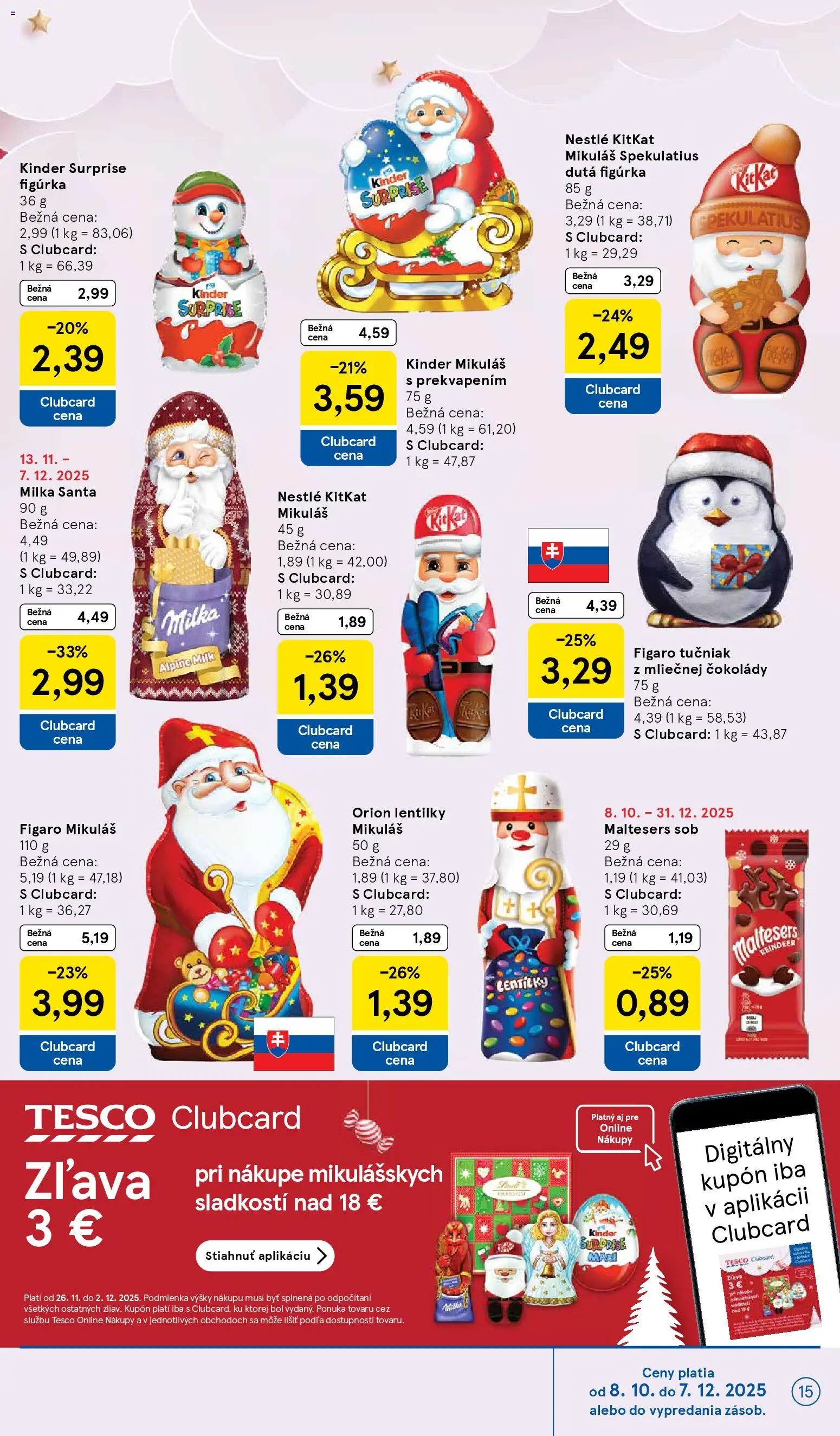 Nové Tesco akcie – leták je platný od 26.11.2025 | Strana: 15 | Produkty: Kinder, Kinder Surprise, Milka