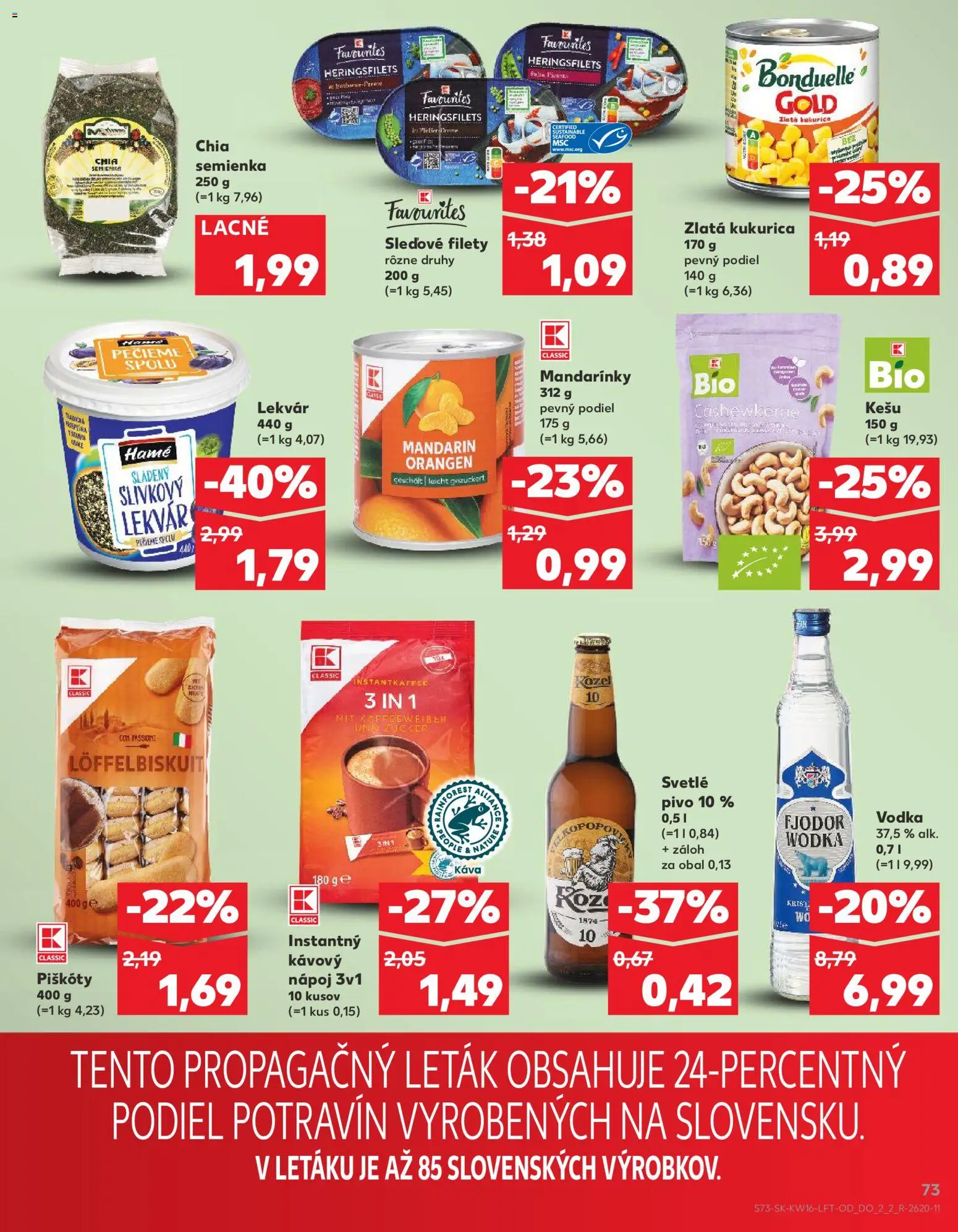 Nové Kaufland akcie – leták je platný od 16.04.2026 | Strana: 73 | Produkty: Pivo, Mandarinky, Vodka, Kukurica