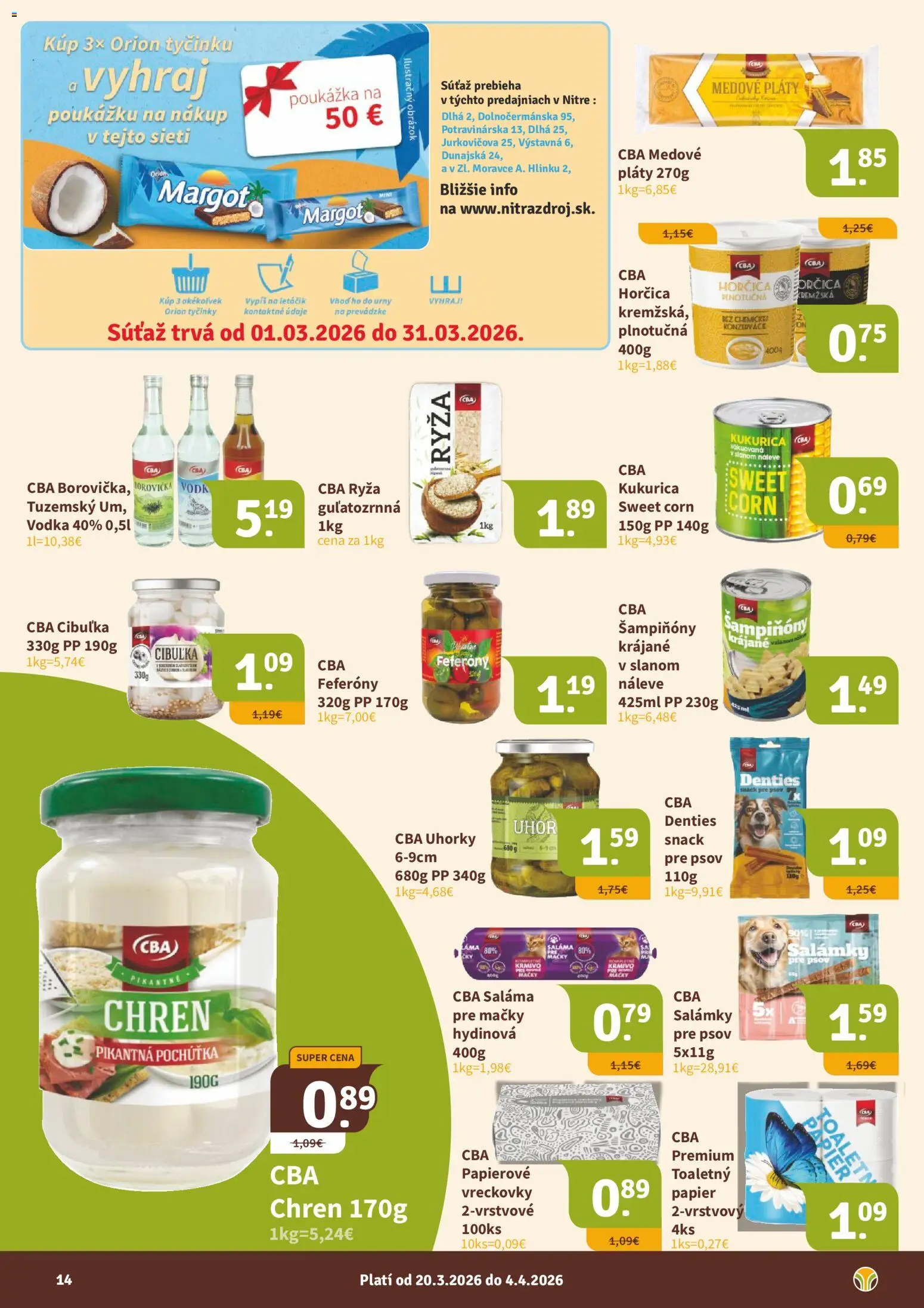 Nové Nitrazdroj akcie – leták je platný od 18.03.2026 | Strana: 14 | Produkty: Saláma, Ryža, Kukurica, Uhorky