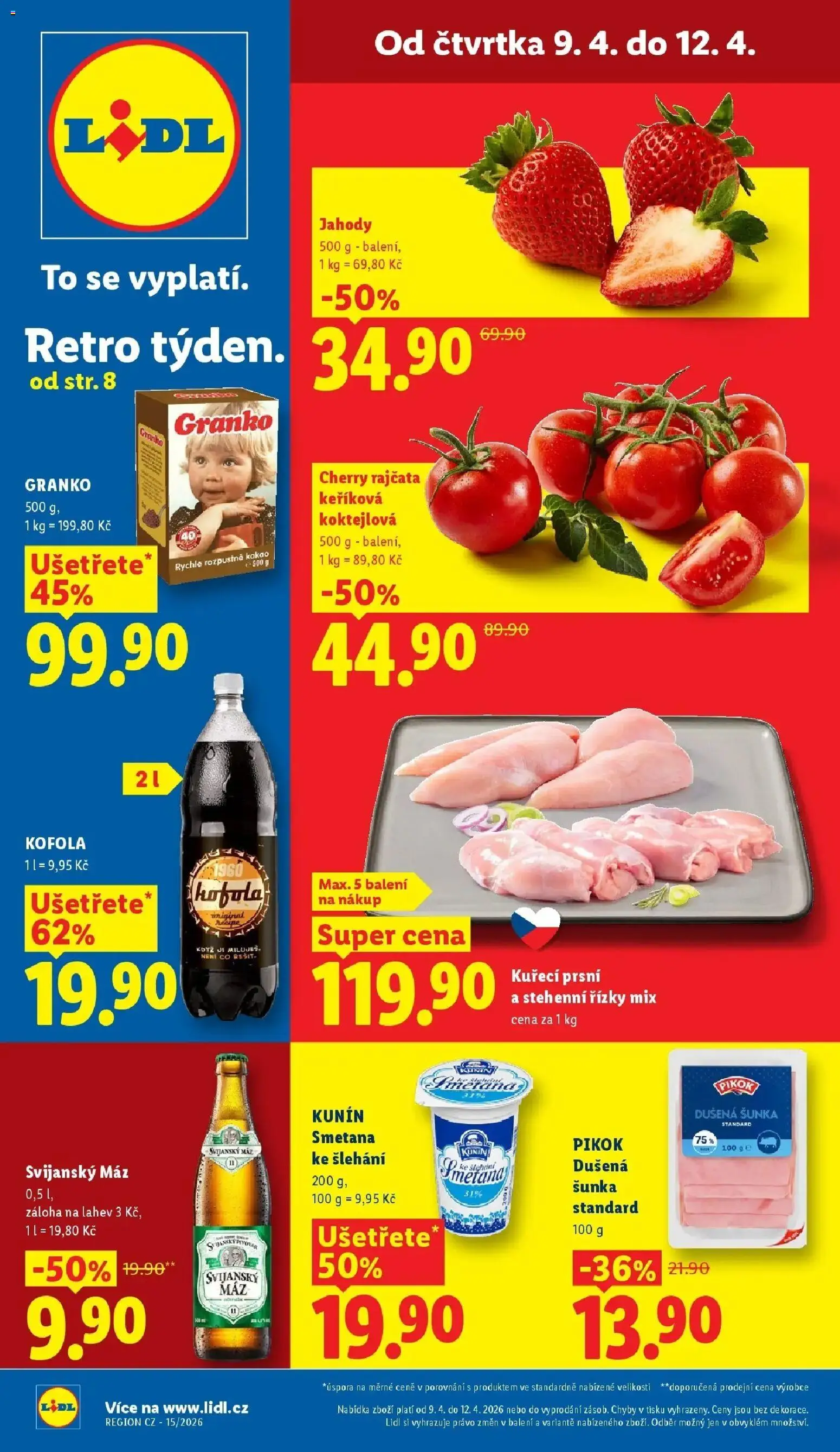 Lidl aktuální leták od 09.04.2026 | Strana: 1 | Produkty: Šunka, Jahody, Smetana ke šlehání, Kofola