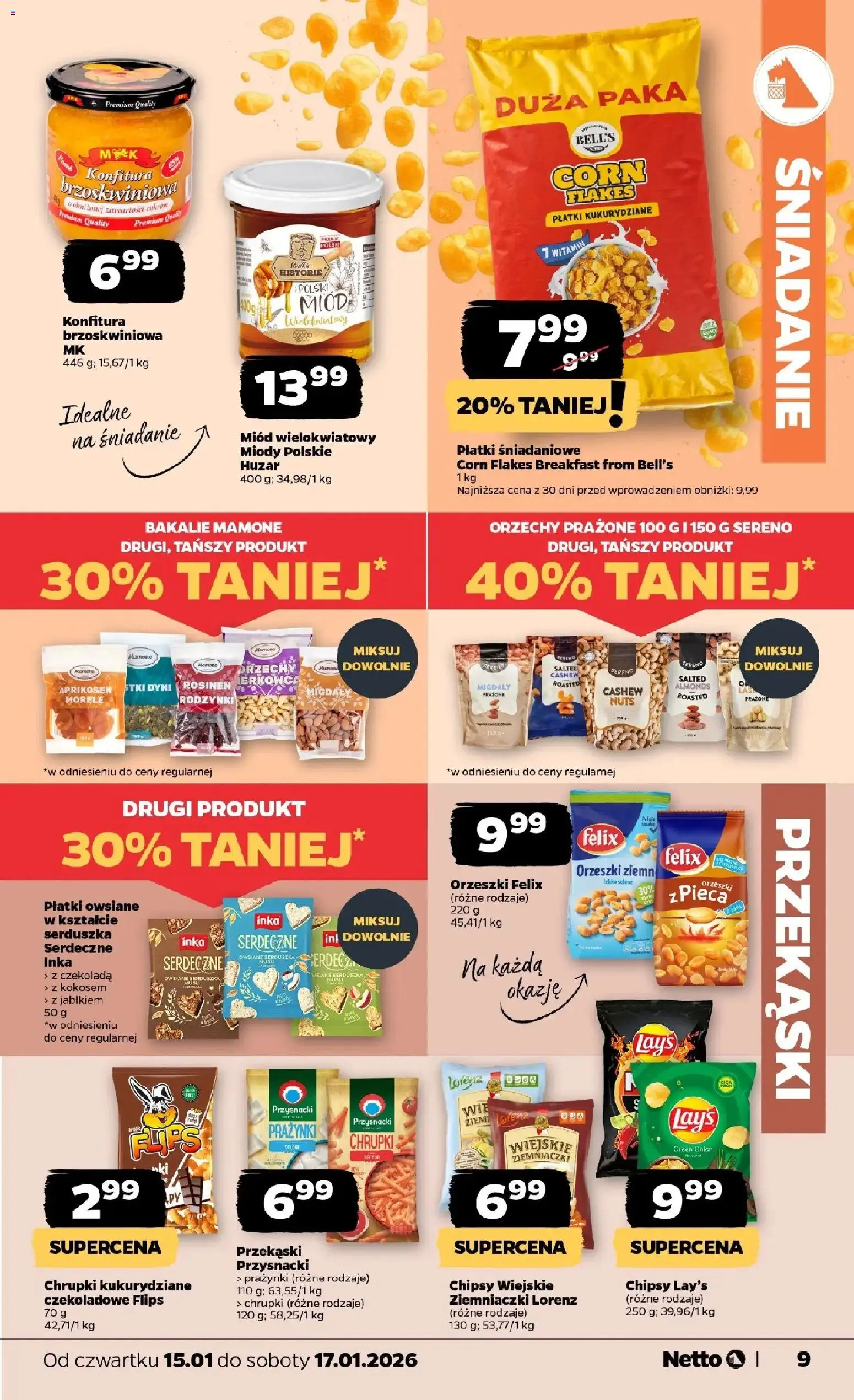 Netto gazetka - Spożywcza od 15.01.2026 | Strona: 9 | Produkty: Płatki owsiane, Morele, Czekolada, Płatki