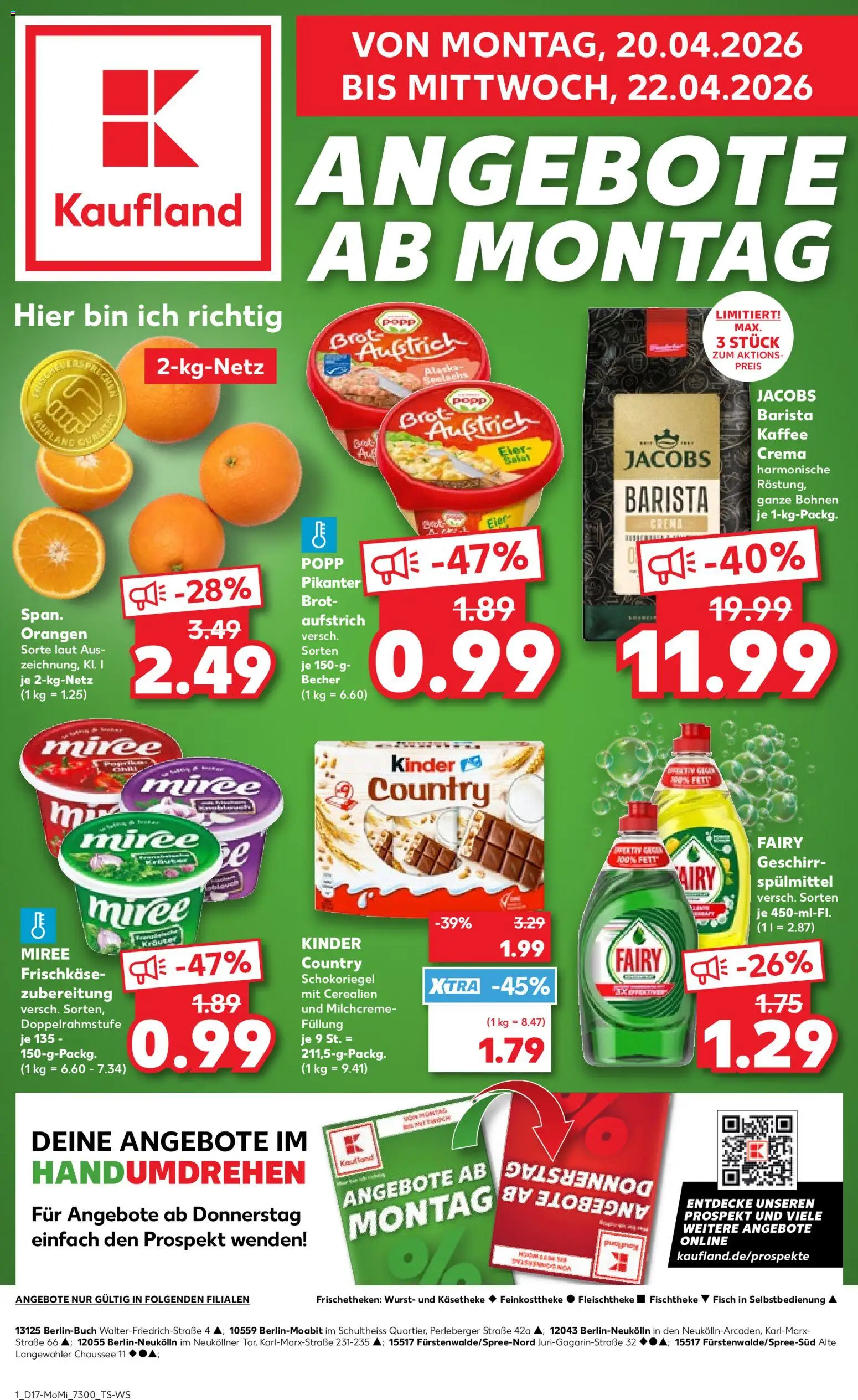 Kaufland Prospekt Berlin	 – gültig ab 20.04.2026 | Seite: 1 | Produkte: Kaffee, Wurst, Brot, Kinder country