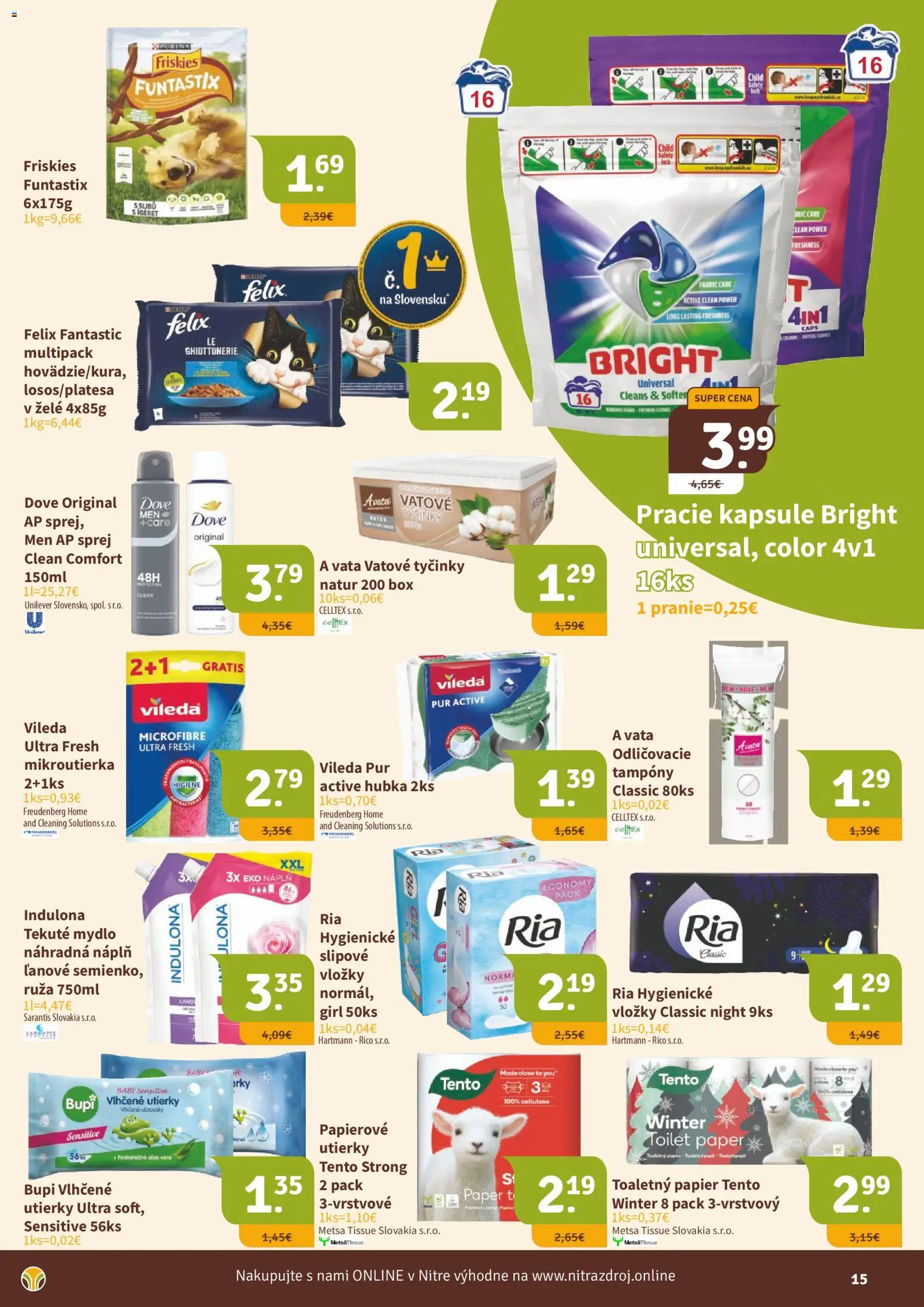 Nové Nitrazdroj akcie – leták je platný od 15.12.2025 | Strana: 15 | Produkty: Friskies, Hubka, Mydlo, Indulona