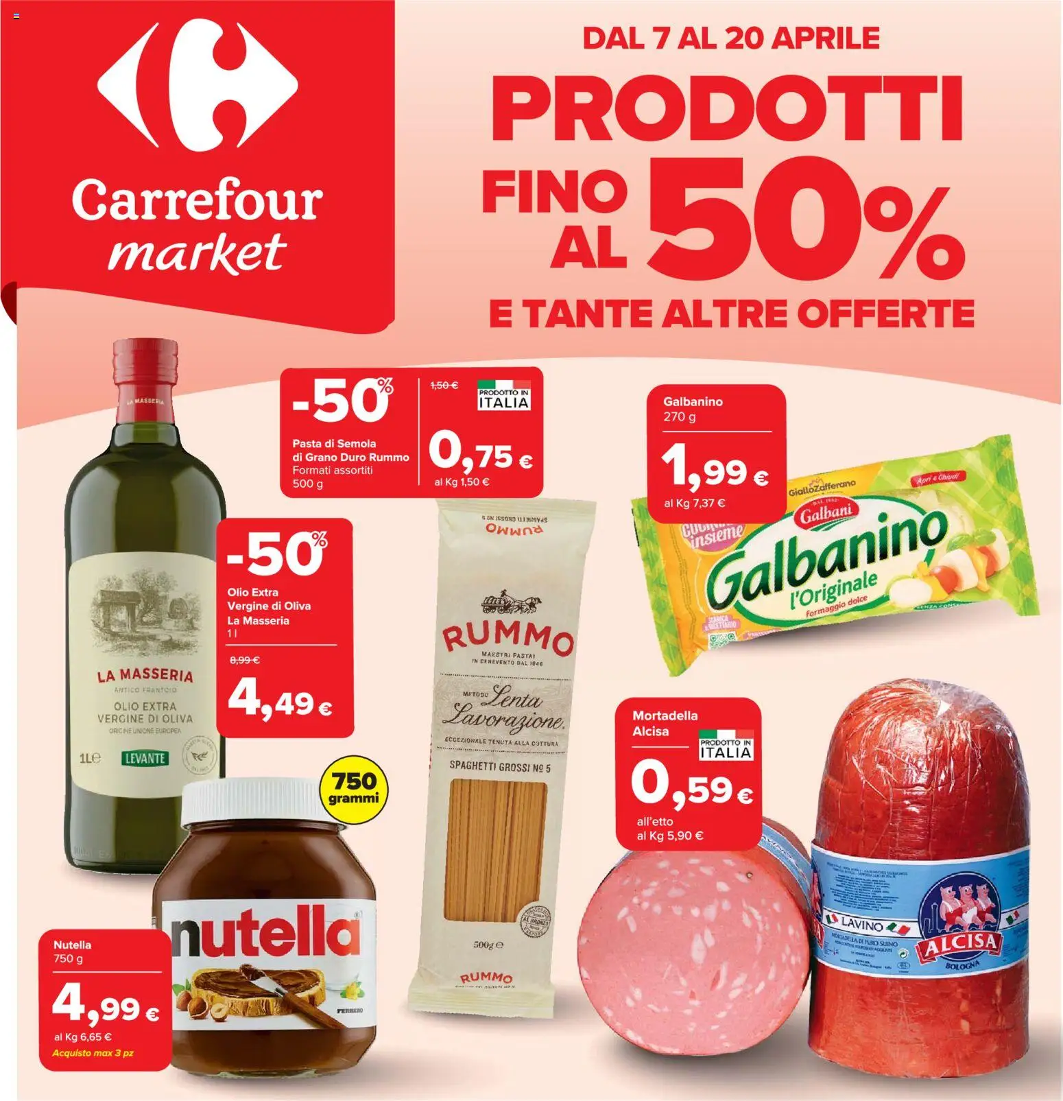 Volantino Carrefour del 07.04.2026 | Pagina: 1 | Prodotti: Suino, Formaggio, Pasta, Mortadella