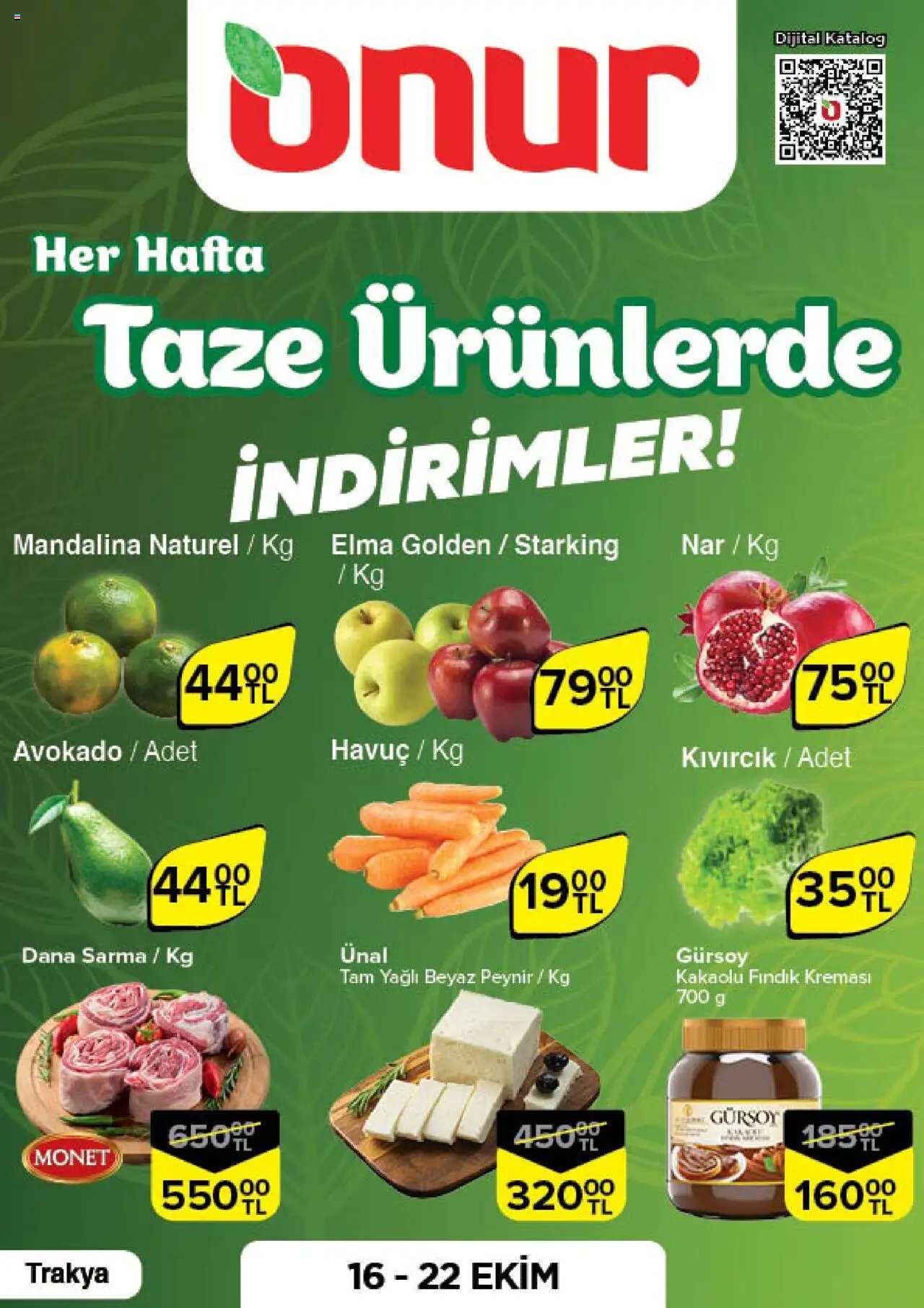 Onur Market Taze Ürünlerde İndirimler - Trakya - 16.10.2025 tarihinden itibaren geçerlidir | Sayfa: 1 | Ürünler: Havuç, Fındık, Avokado, Nar
