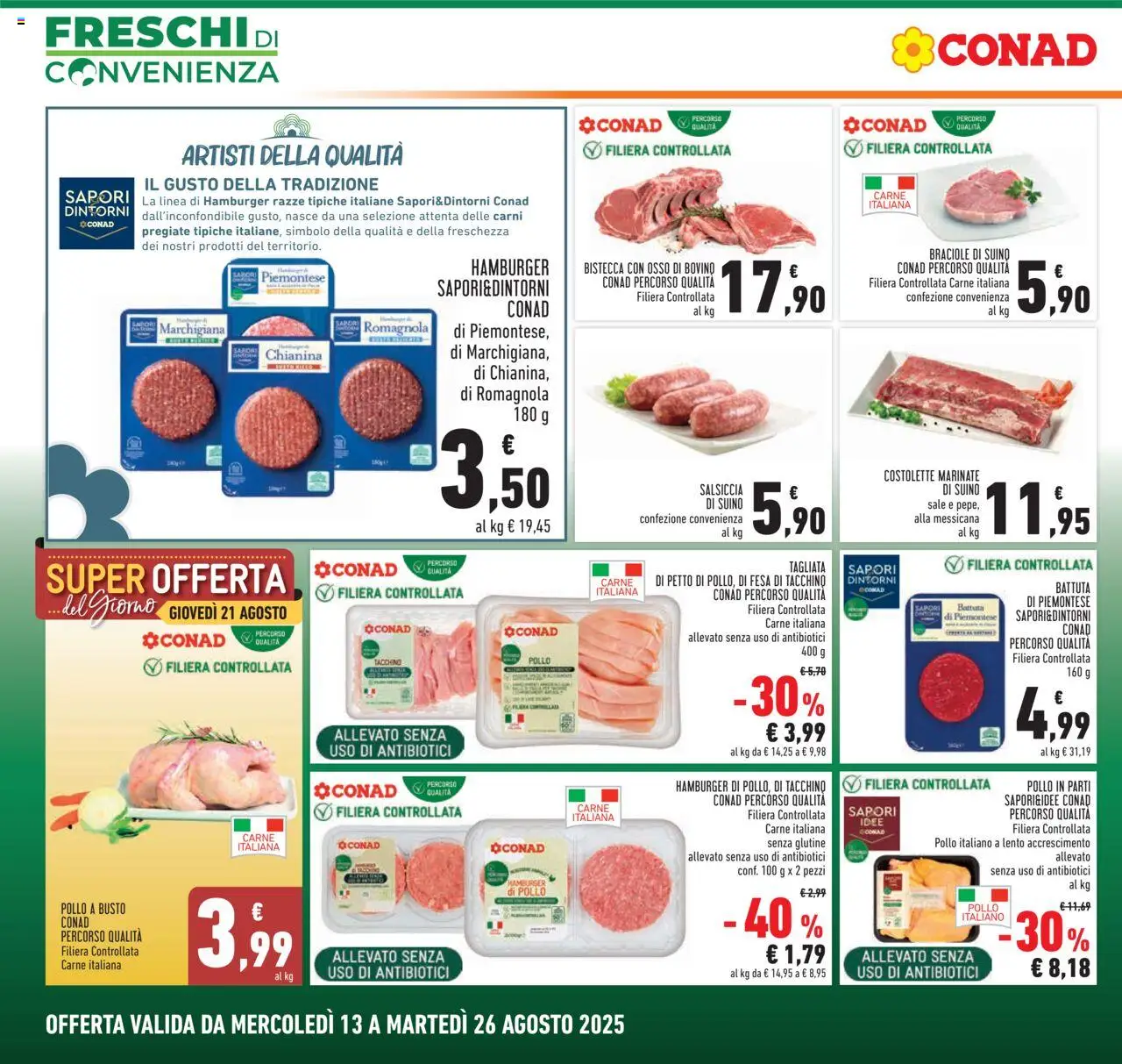 Volantino Conad del 13.08.2025 | Pagina: 2 | Prodotti: Pollo, Suino, Tacchino, Salsiccia