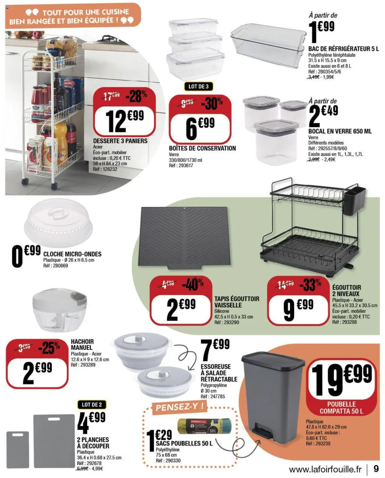  | Page: 9 | Produits: Salade, Poubelle, Réfrigérateur, Égouttoir vaisselle