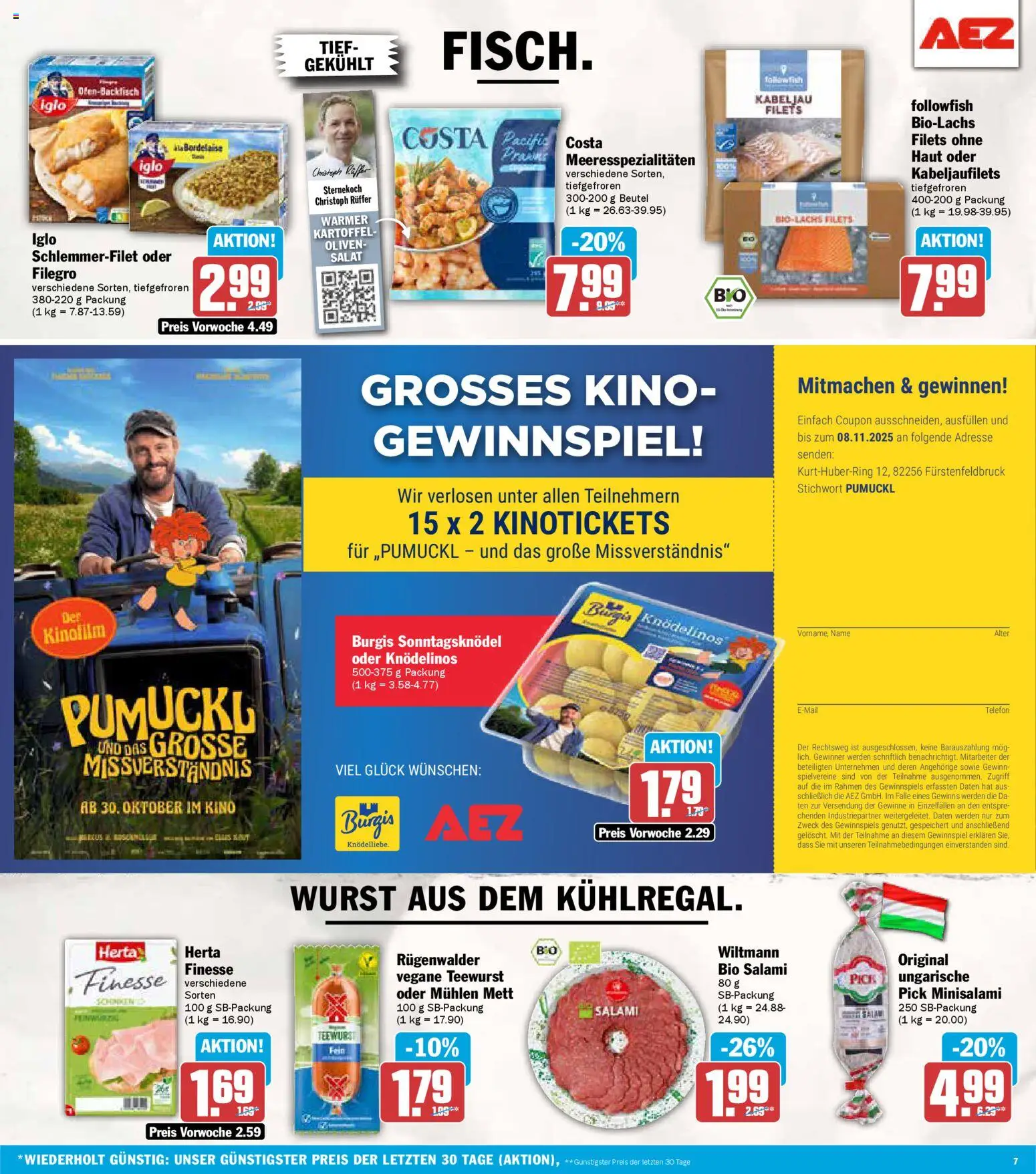 AEZ Prospekt 	 – gültig ab 27.10.2025 | Seite: 7 | Produkte: Wurst, Salami, Salat, Telefon