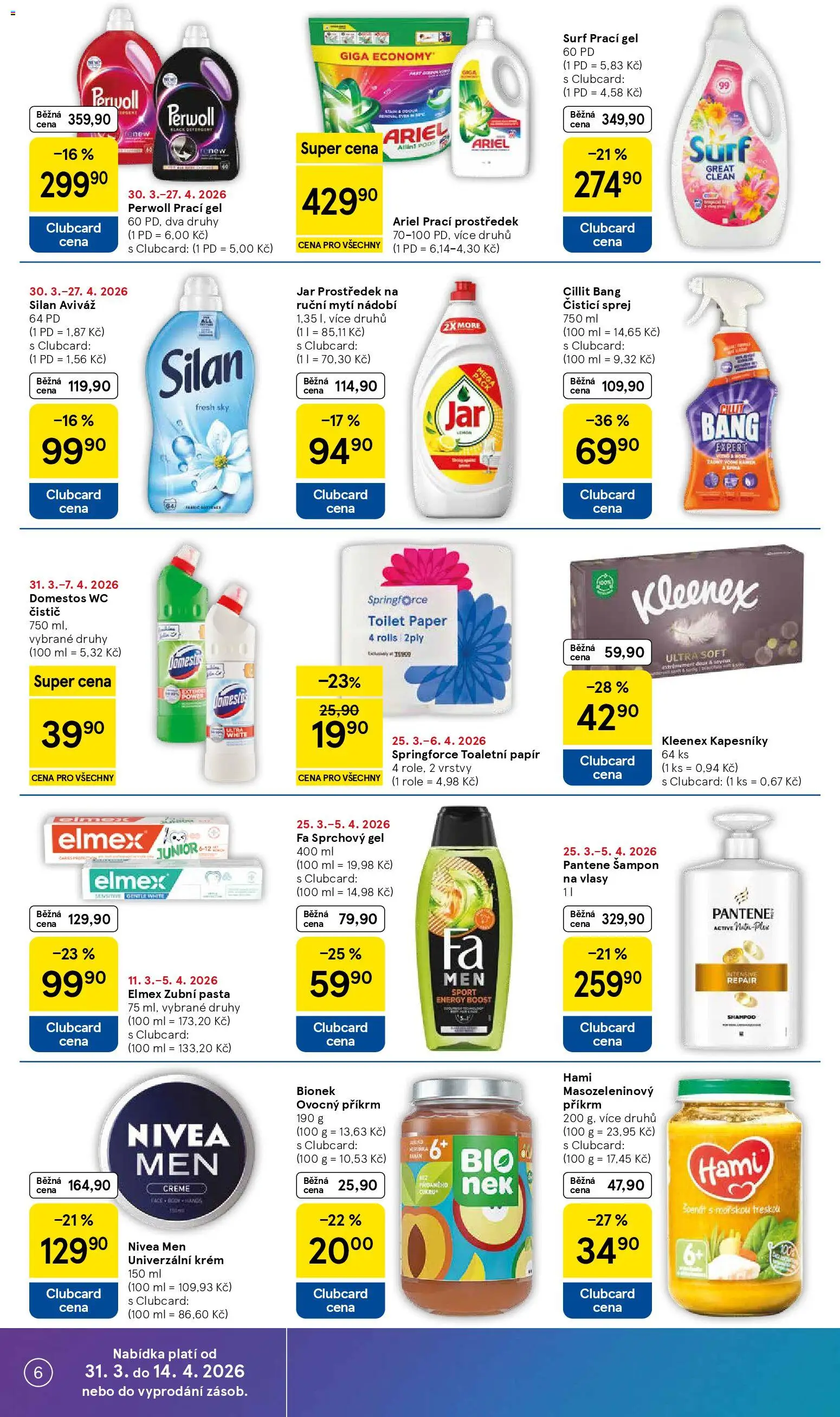Tesco leták - Supermarket od 31.03.2026 | Strana: 6 | Produkty: Prací gel, Krém, Příkrm, Wc