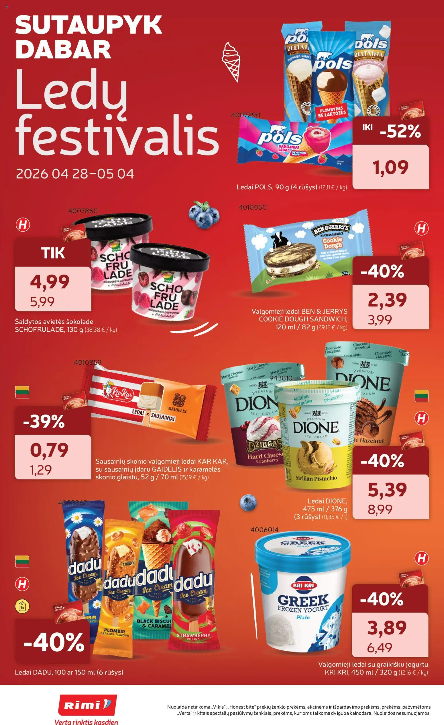Rimi akcijos nuo 28.04.2026 | Puslapis: 16 | Prekių: Sausainiai, Ledai, Plombyras, Valgomieji ledai