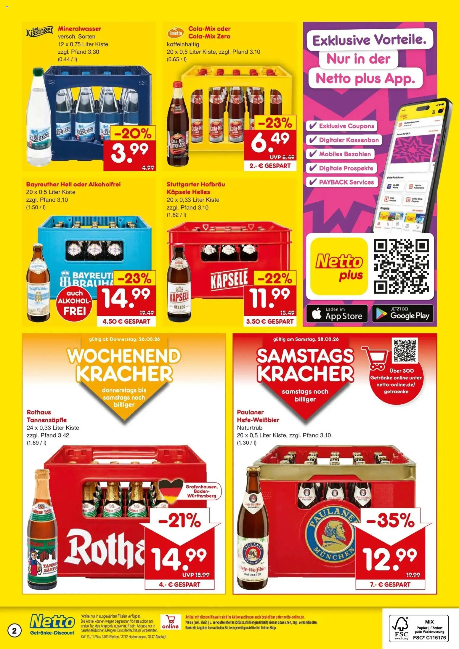 Netto Marken-Discount Prospekt Albstadt-Onstmettingen	 – gültig ab 23.03.2026 | Seite: 2 | Produkte: Bayreuther hell, Cola, Mineralwasser, Paulaner