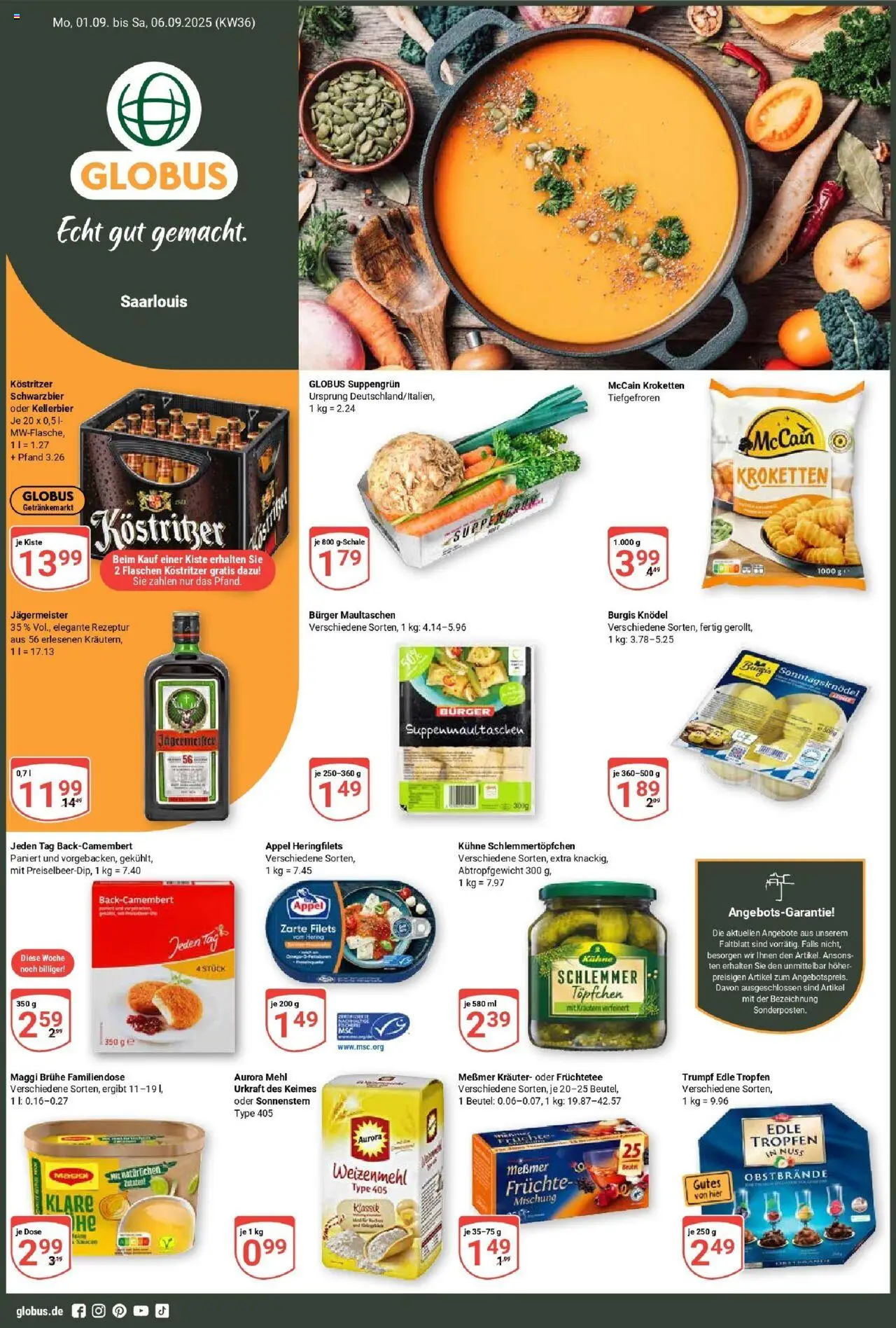 Globus prospekt Saarlouis	 – gültig ab 01.09.2025 | Seite: 1 | Produkte: Maggi, Kostritzer, Jägermeister, Maultaschen