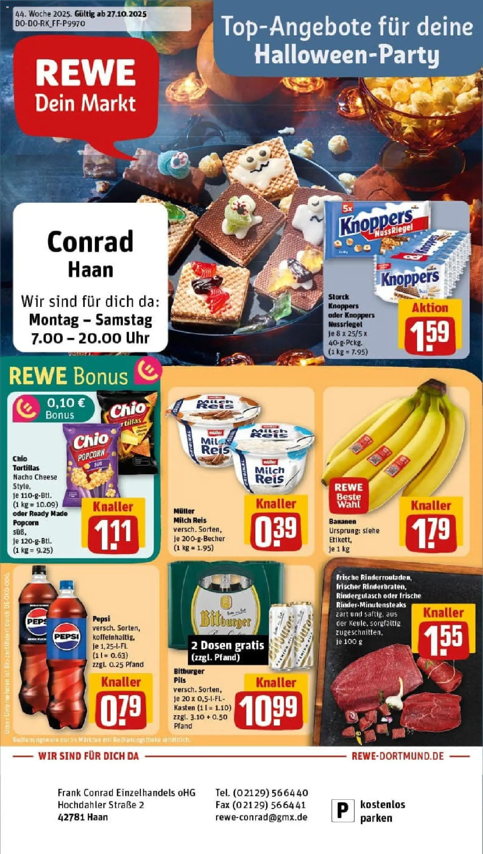 Rewe prospekt Haan	 – gültig ab 26.10.2025 | Seite: 1 | Produkte: Rindergulasch, Knoppers, Chio tortillas, Uhr