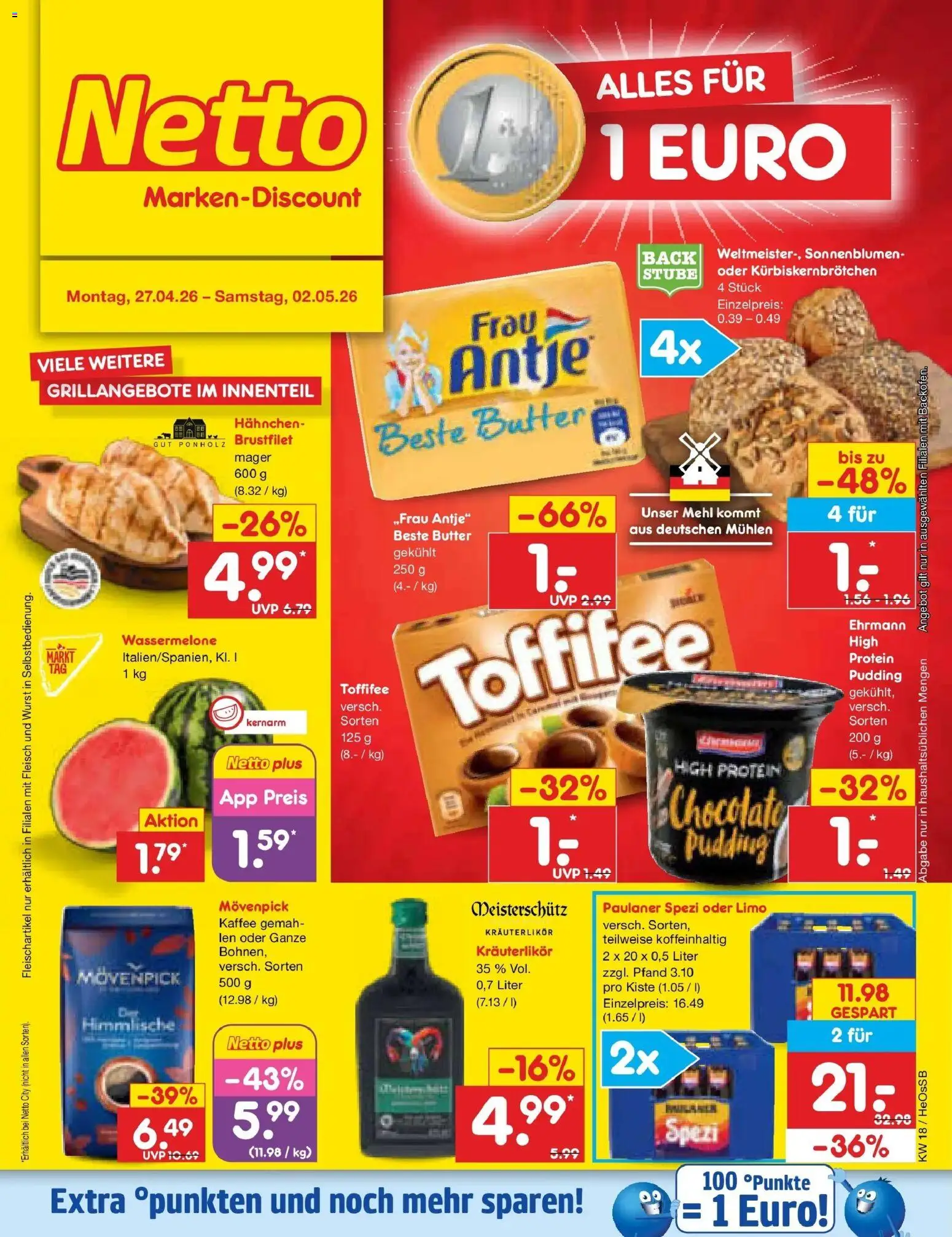 Netto Marken-Discount Prospekt Kröpelin	 – gültig ab 27.04.2026 | Seite: 1 | Produkte: Butter, Kaffee, Paulaner spezi, Pudding