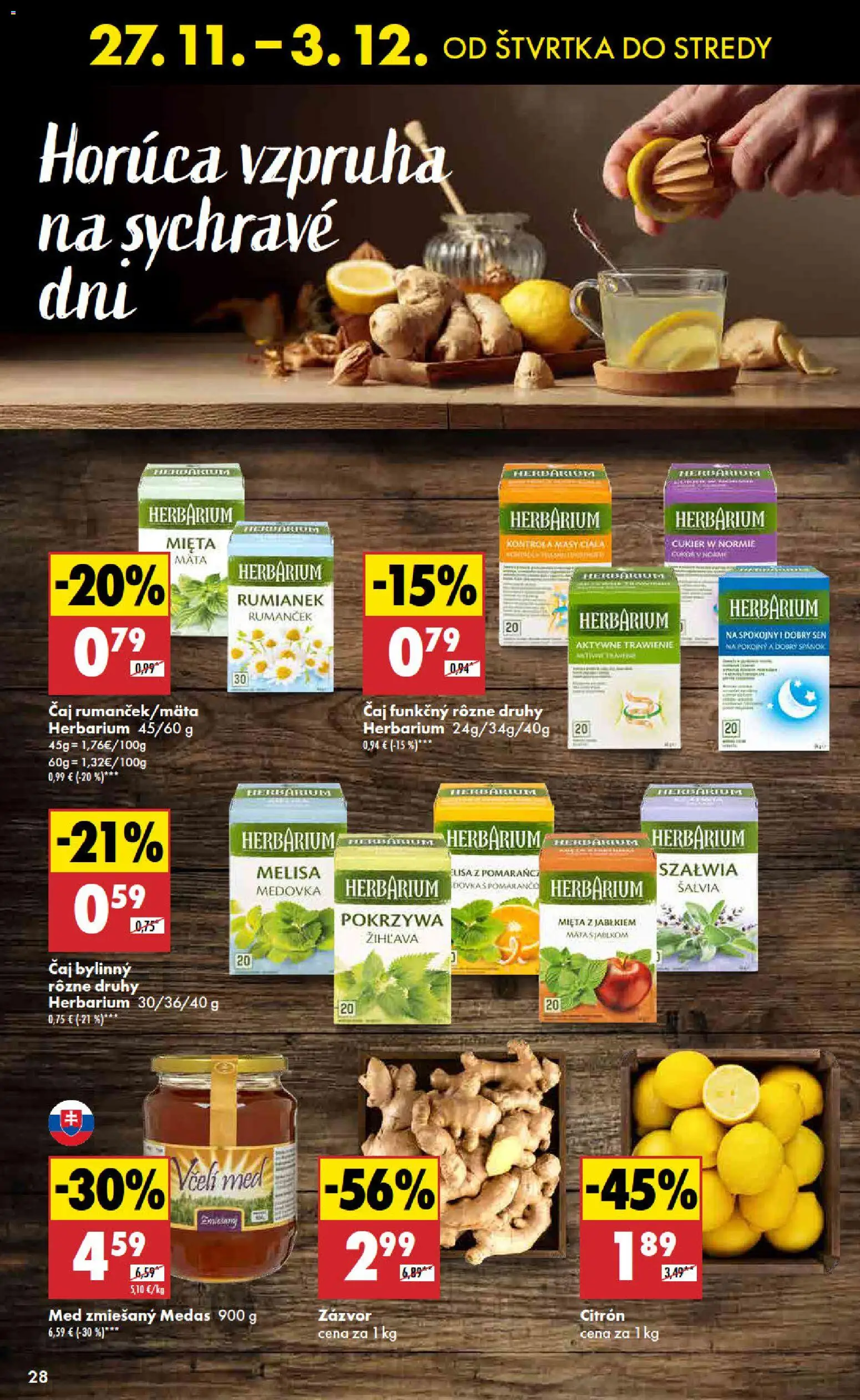 Nové Biedronka akcie – leták je platný od 27.11.2025 | Strana: 28 | Produkty: Zázvor, Pomaranče, Čaj, Med