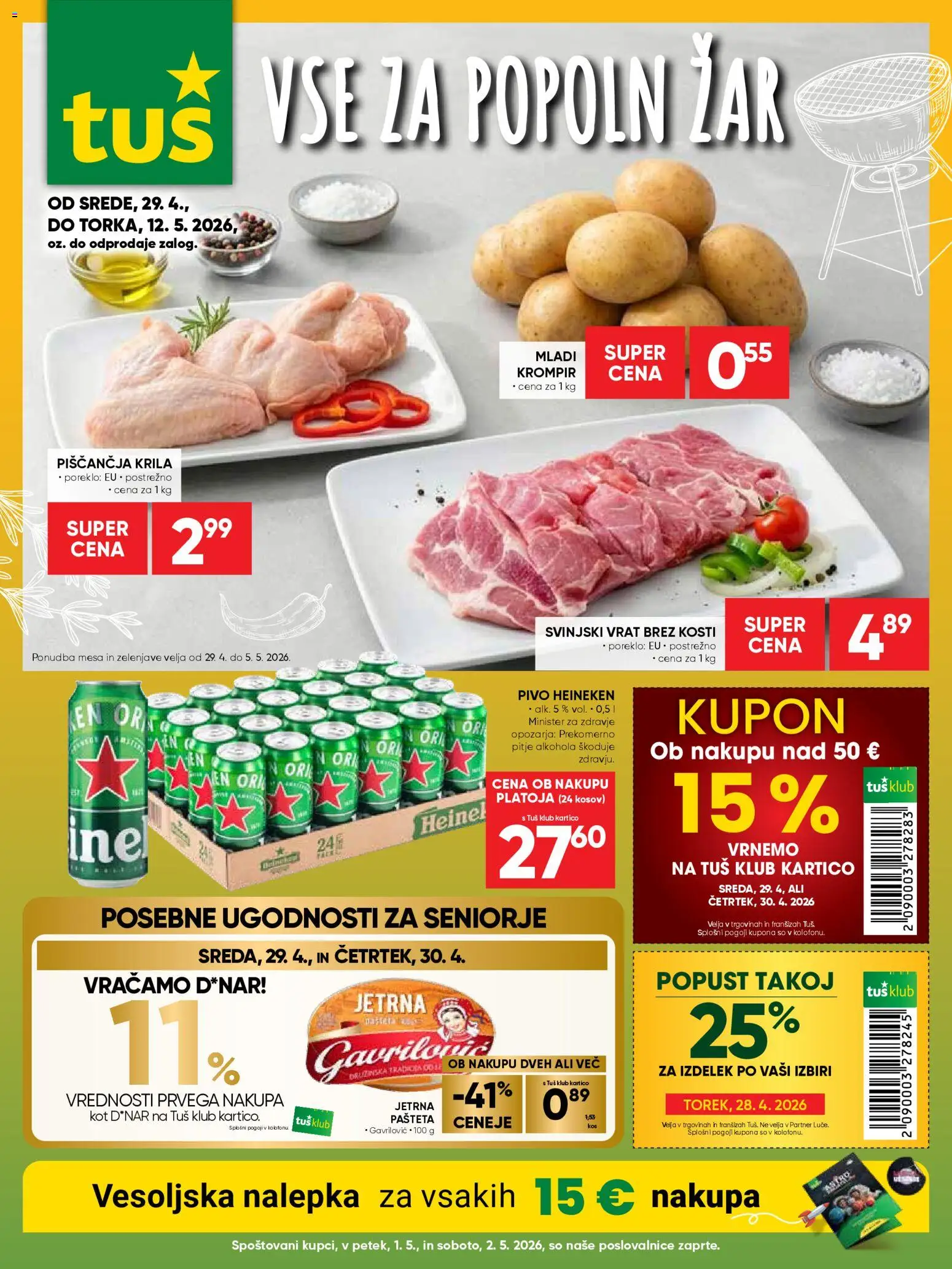 Novi Tuš katalog ponudbe – veljaven od 29.04.2026 | Stran: 1 | Izdelki: Falafel, Pašteta, Piščančja krila, Krompir