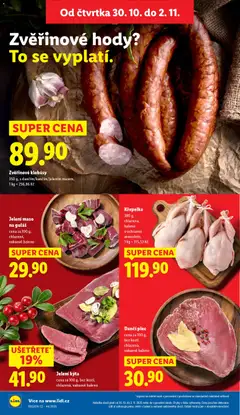 Náhled letáku Jelení maso na guláš, cena za 100 g, chlazené, vakuově baleno od 30.10.2025 | Strana: 10 | Produkty: Klobásy, Maso, Guláš, Kýta
