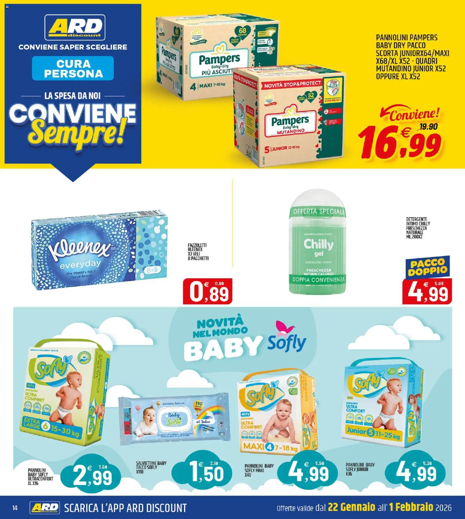 Volantino ARD Discount del 22.01.2026 | Pagina: 14 | Prodotti: Fazzoletti, Talco, The, Pampers