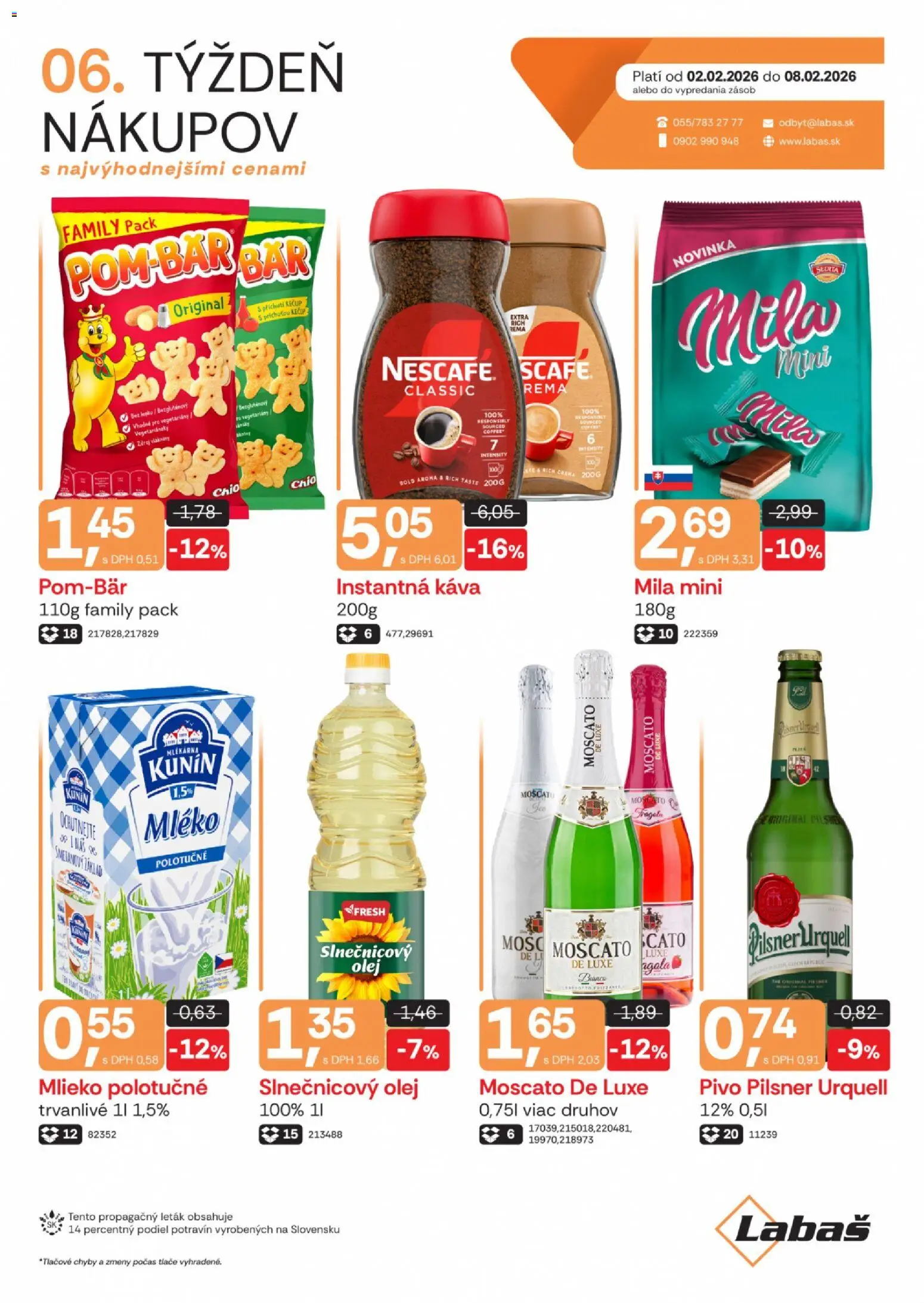 Nové Labaš akcie – leták je platný od 02.02.2026 | Strana: 1 | Produkty: Pivo, Olej, Káva, Slnečnicový olej