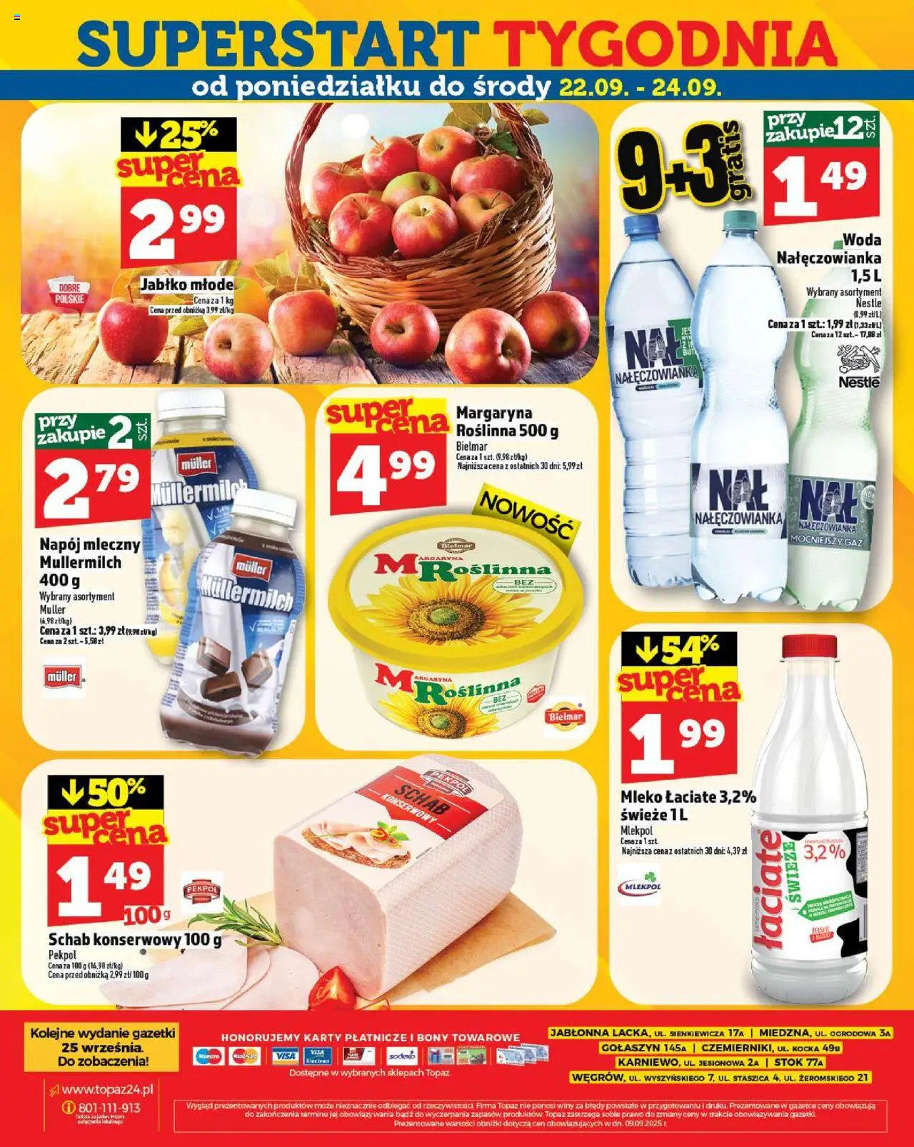Topaz Gazetka - Ceny małe na stałe od 18.09.2025 | Strona: 28 | Produkty: Schab, Margaryna, Mleko, Woda