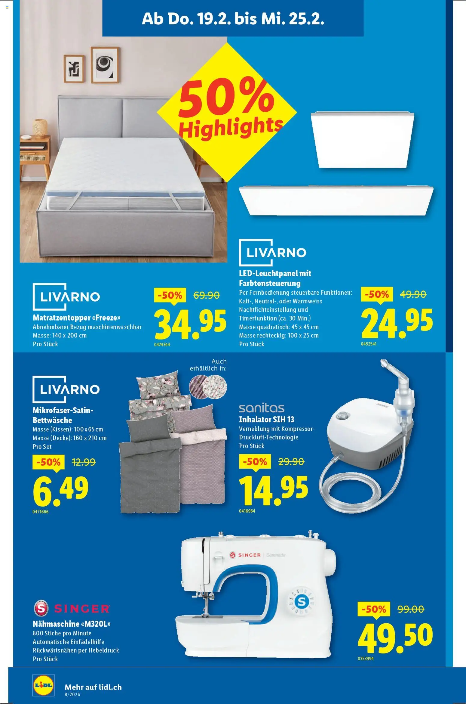 Lidl Aktionen Neueröffnung Zürich – gültig ab 19.02.2026 | Seite: 4 | Produkte: Nähmaschine, Kissen, Decke, Bettwäsche