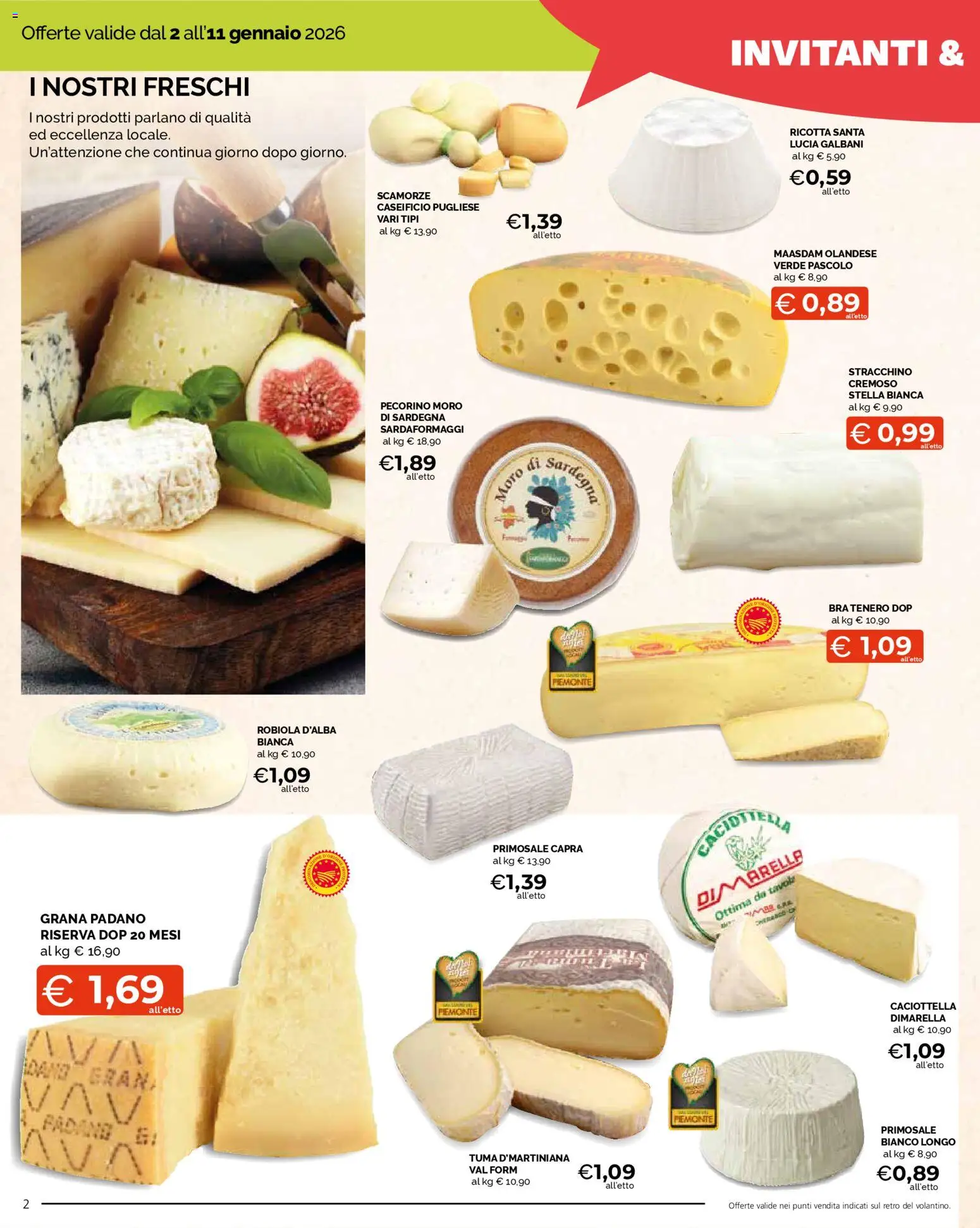 Volantino Mercatò del 02.01.2026 | Pagina: 2 | Prodotti: Grana Padano, Stracchino, Ricotta, Pecorino