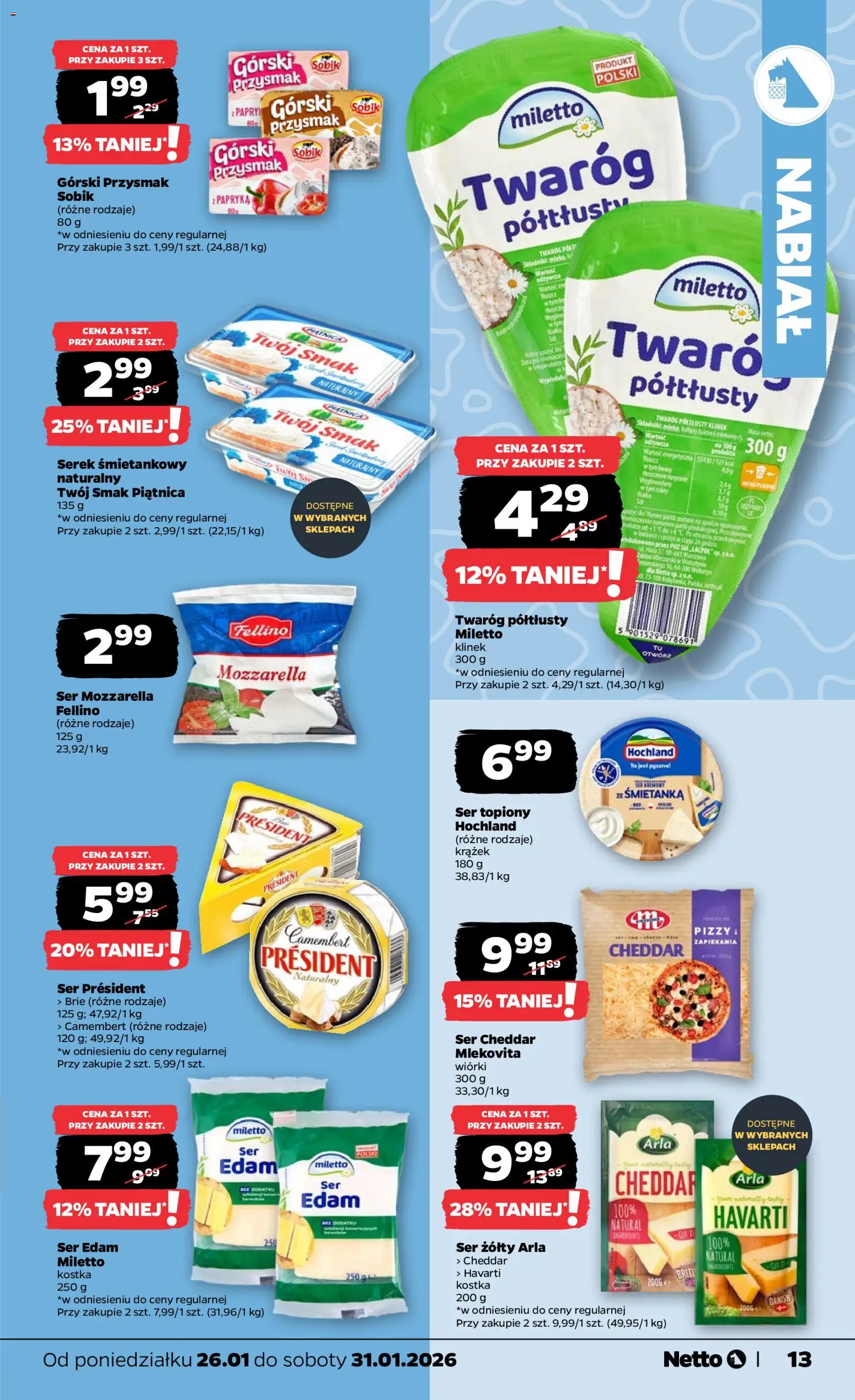 Netto gazetka - Spożywcza od 26.01.2026 | Strona: 13 | Produkty: Ser topiony, Serek, Ser, Ser cheddar