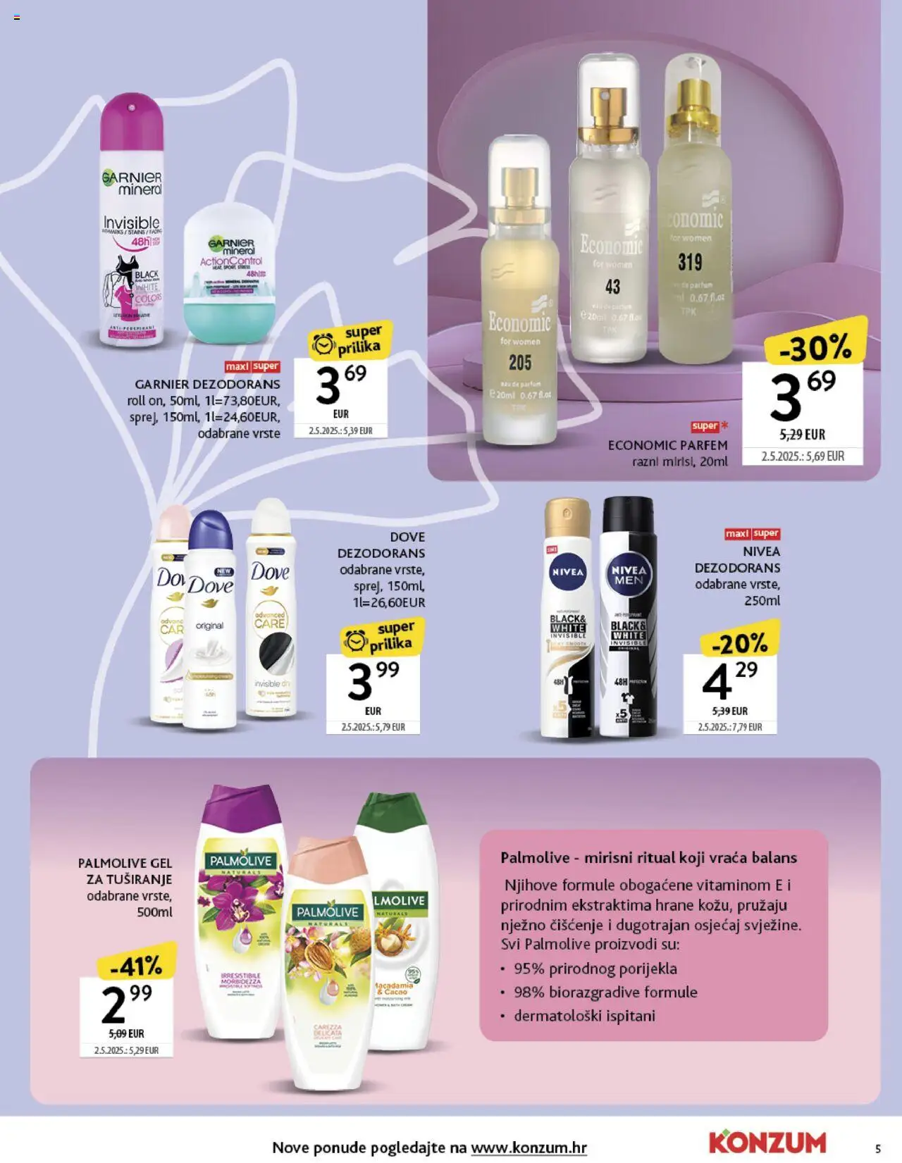 Konzum katalog | vrijedi od 22.09.2025 | Stranica: 5 | Proizvodi: Gel za tuširanje, Nivea, Dove, Garnier