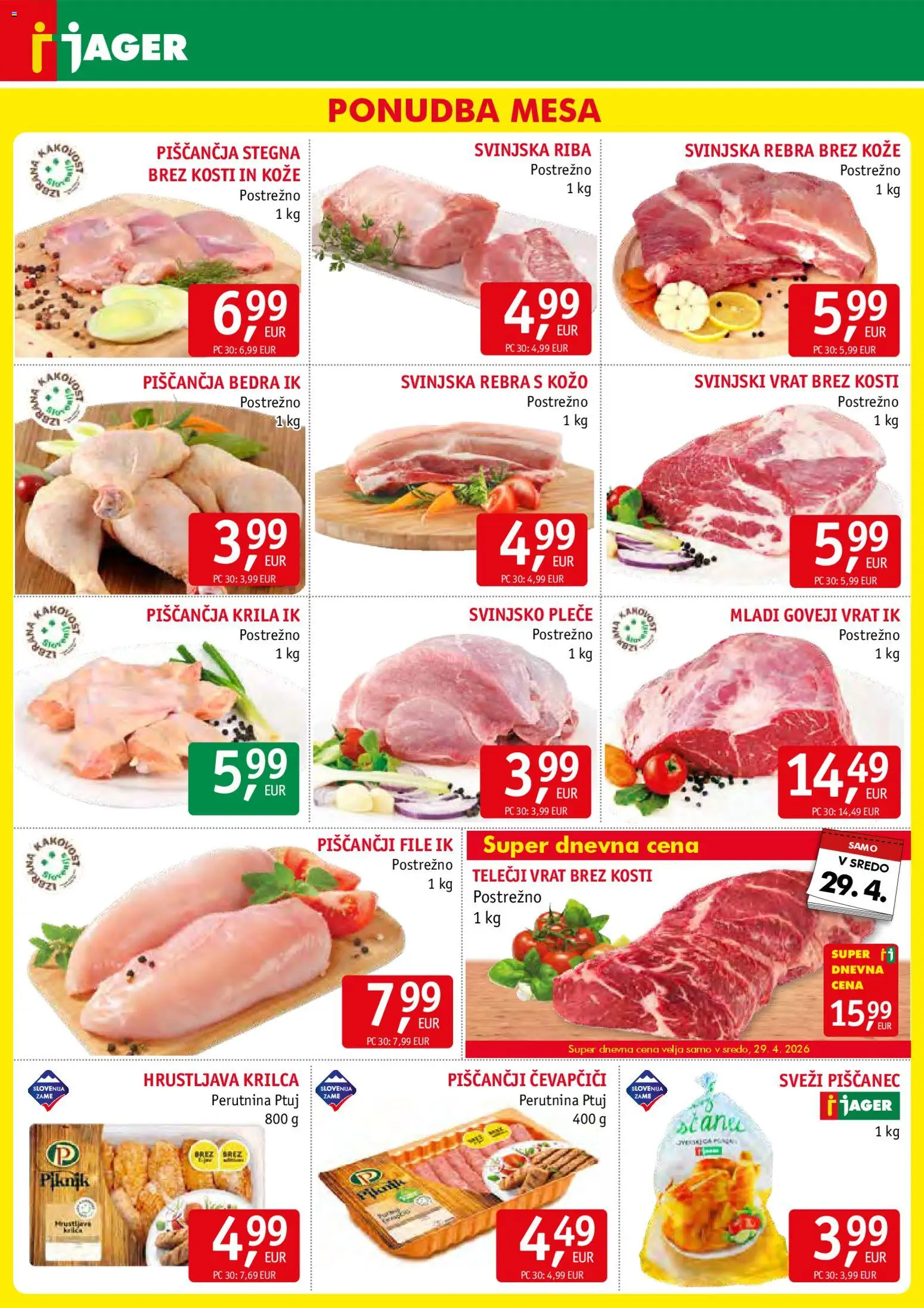 Novi Jager katalog ponudbe – veljaven od 29.04.2026 | Stran: 3 | Izdelki: Čevapčiči, Piščančja bedra, Piščančja krila, Riba