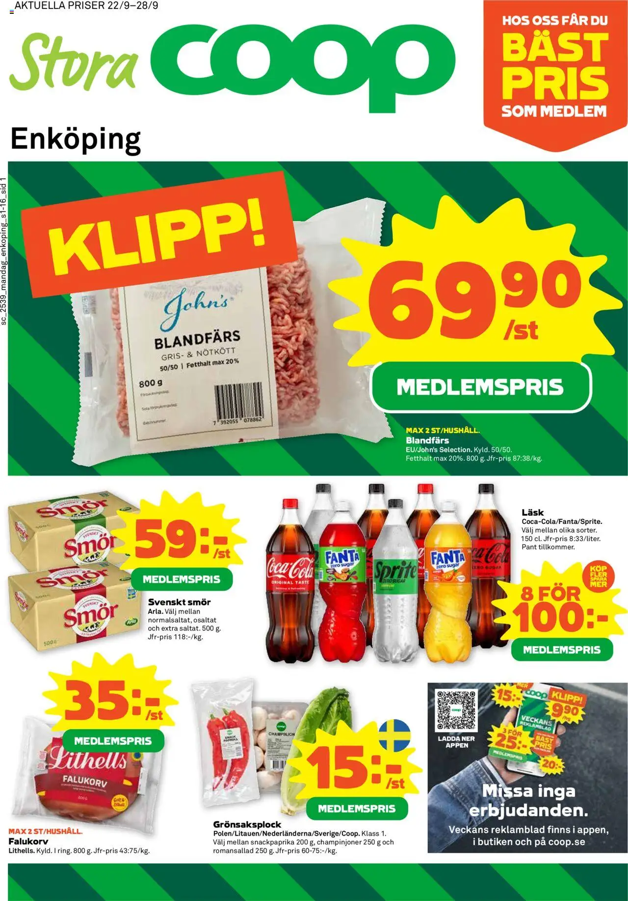 Stora Coop reklamblad aktuell från 22.09.2025 | Sida: 1 | Produkter: Fanta, Smör, Champinjoner, Romansallad