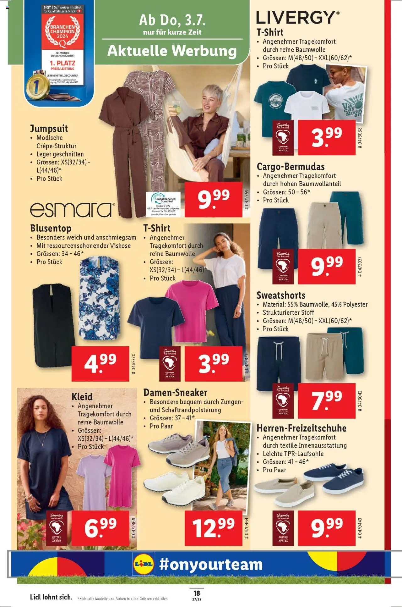 Lidl Aktionen ab 03.07.2025 | Seite: 18 | Produkte: T-Shirt, Sweatshorts, Jumpsuit, Bermuda