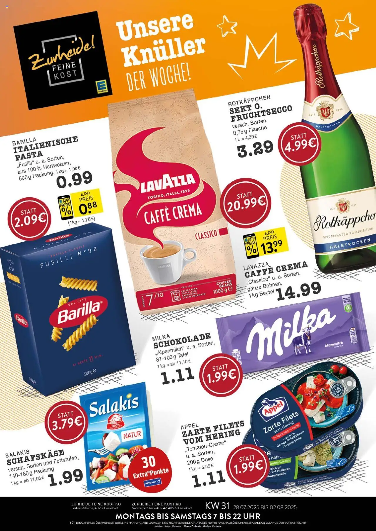 Edeka Zurheide Prospekt 	 - gültig ab dem 28.07.2025 | Seite: 1 | Produkte: Lavazza, Sekt, Milka, Pasta