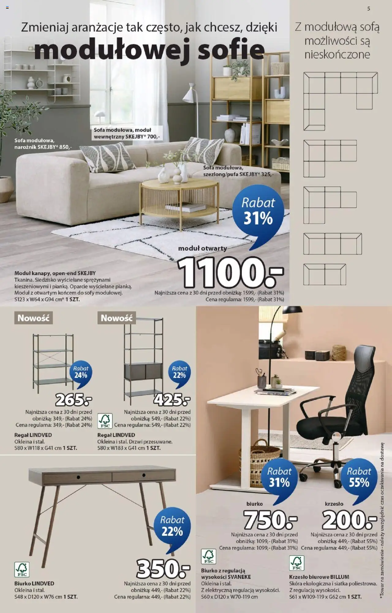JYSK Gazetka od 10.09.2025 | Strona: 5 | Produkty: Sofa, Krzesło, Biurko, Regał