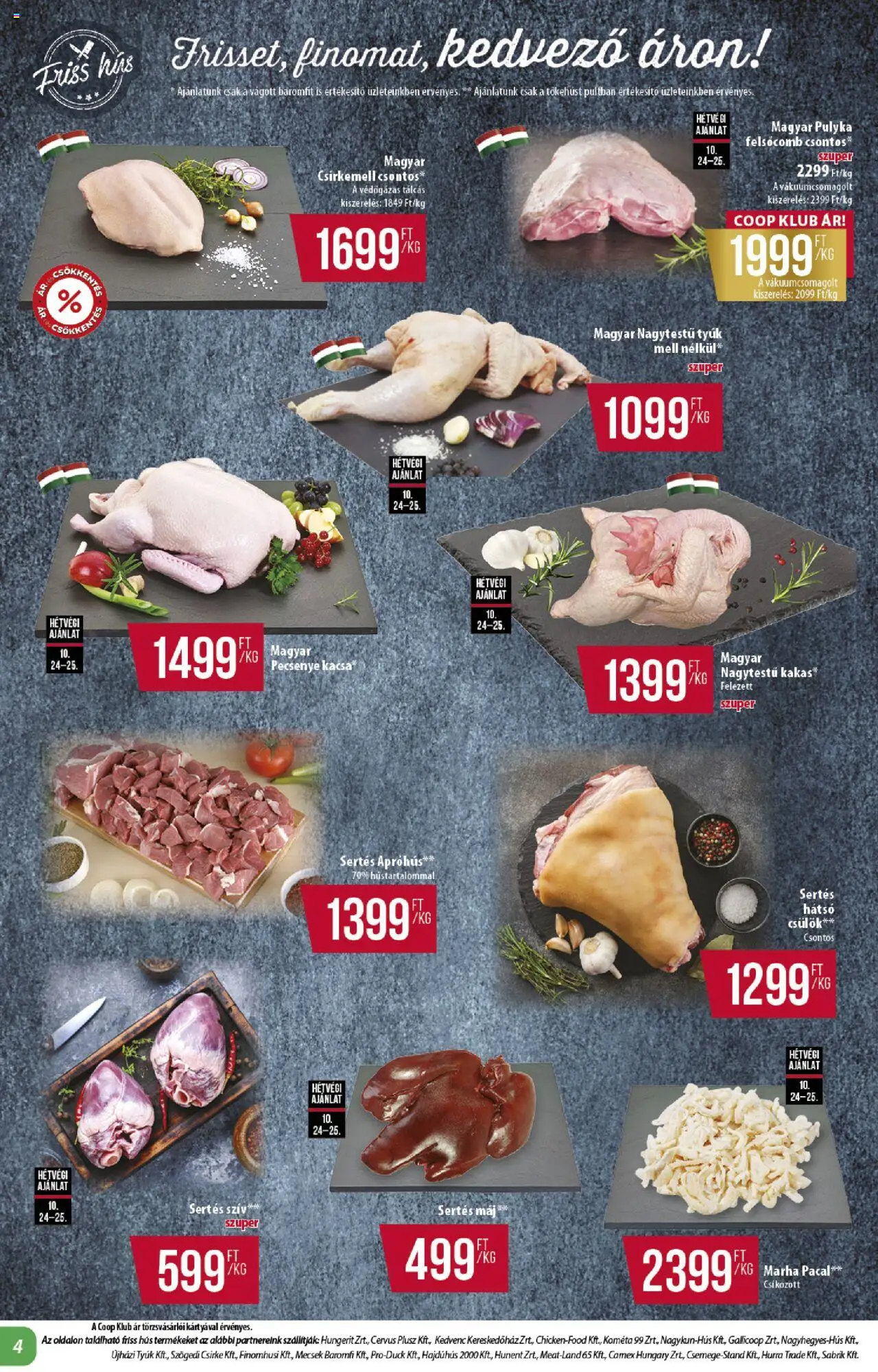 COOP akciós ujság - amely érvényes a következő dátumtól: 24.10.2025 | Oldal: 4 | Termékek: Hús, Pacal, Kacsa, Csirkemell