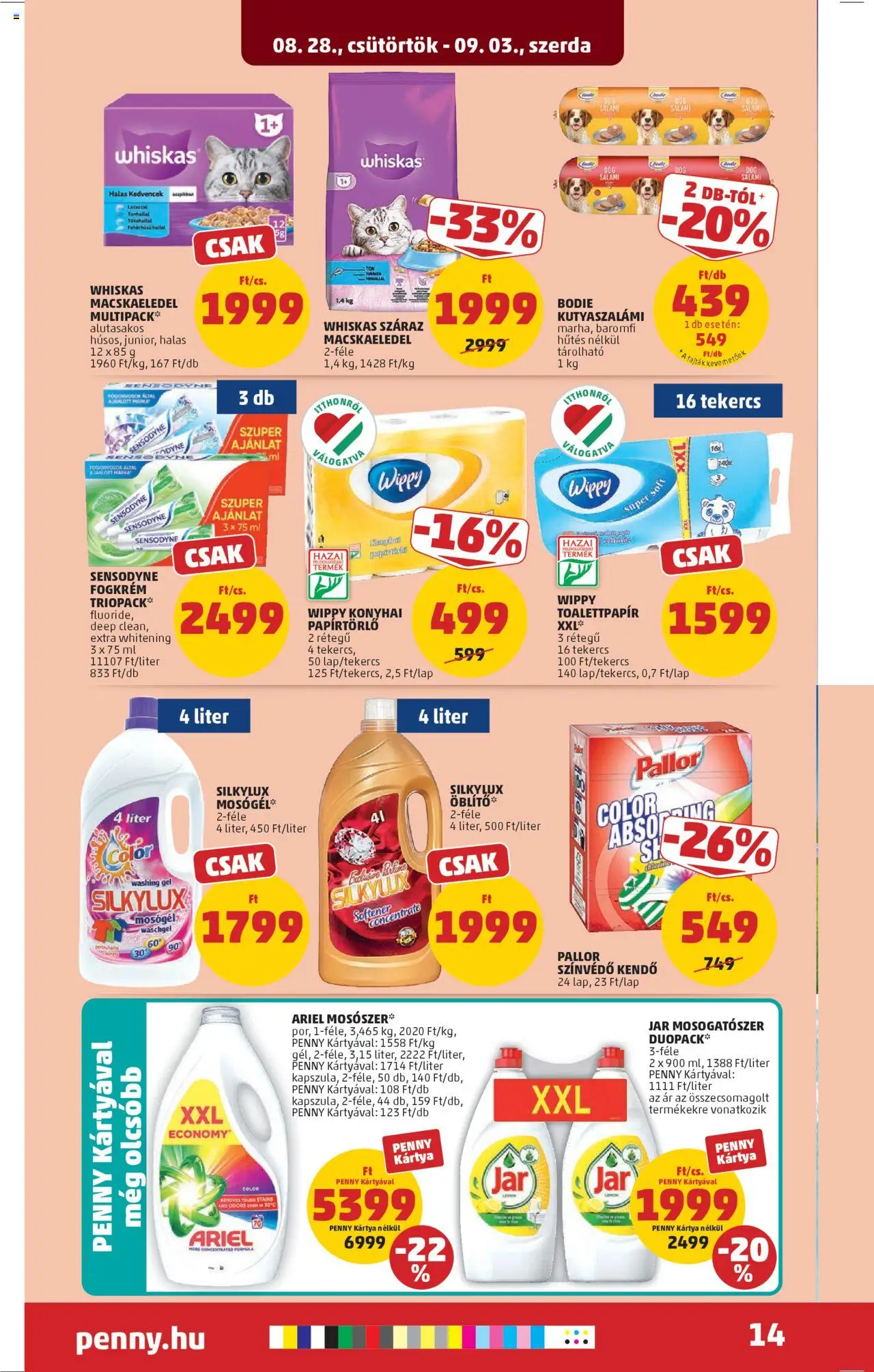 PENNY akciós ujság - amely érvényes a következő dátumtól: 28.08.2025 | Oldal: 16 | Termékek: Jar mosogatószer, Macskaeledel, Whiskas, Fogkrém