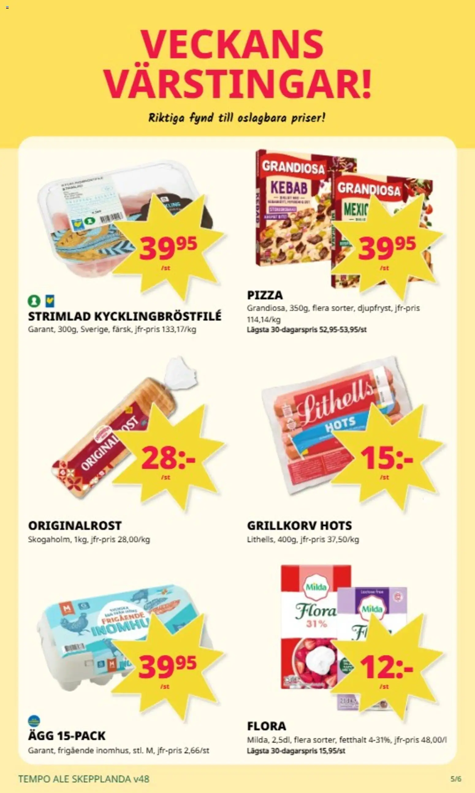 Tempo reklamblad aktuell från 24.11.2025 | Sida: 5 | Produkter: Grillkorv, Ost, Ägg, Pizza