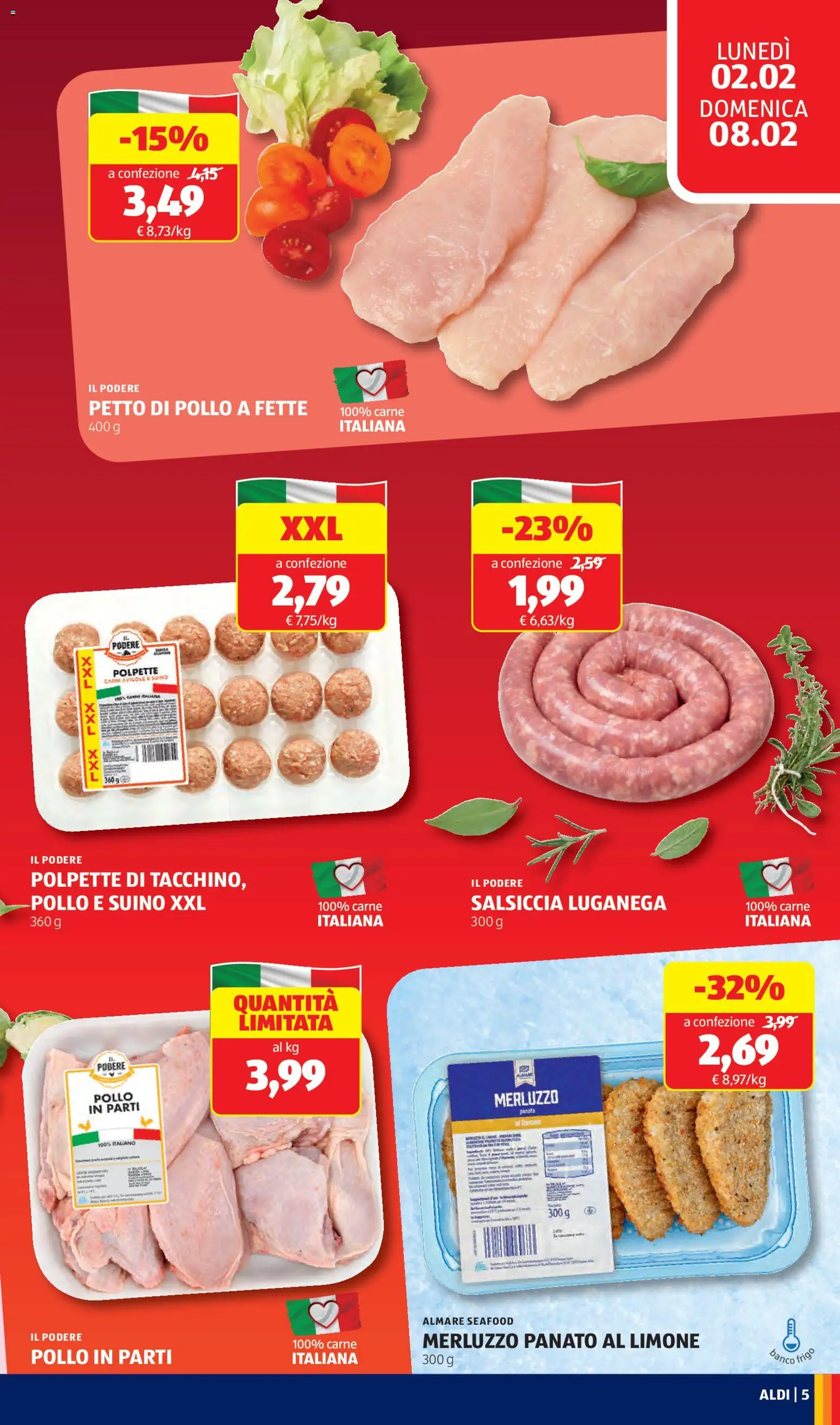 Volantino Aldi del 02.02.2026 | Pagina: 5 | Prodotti: Petto di Pollo, Pollo, Merluzzo, Suino