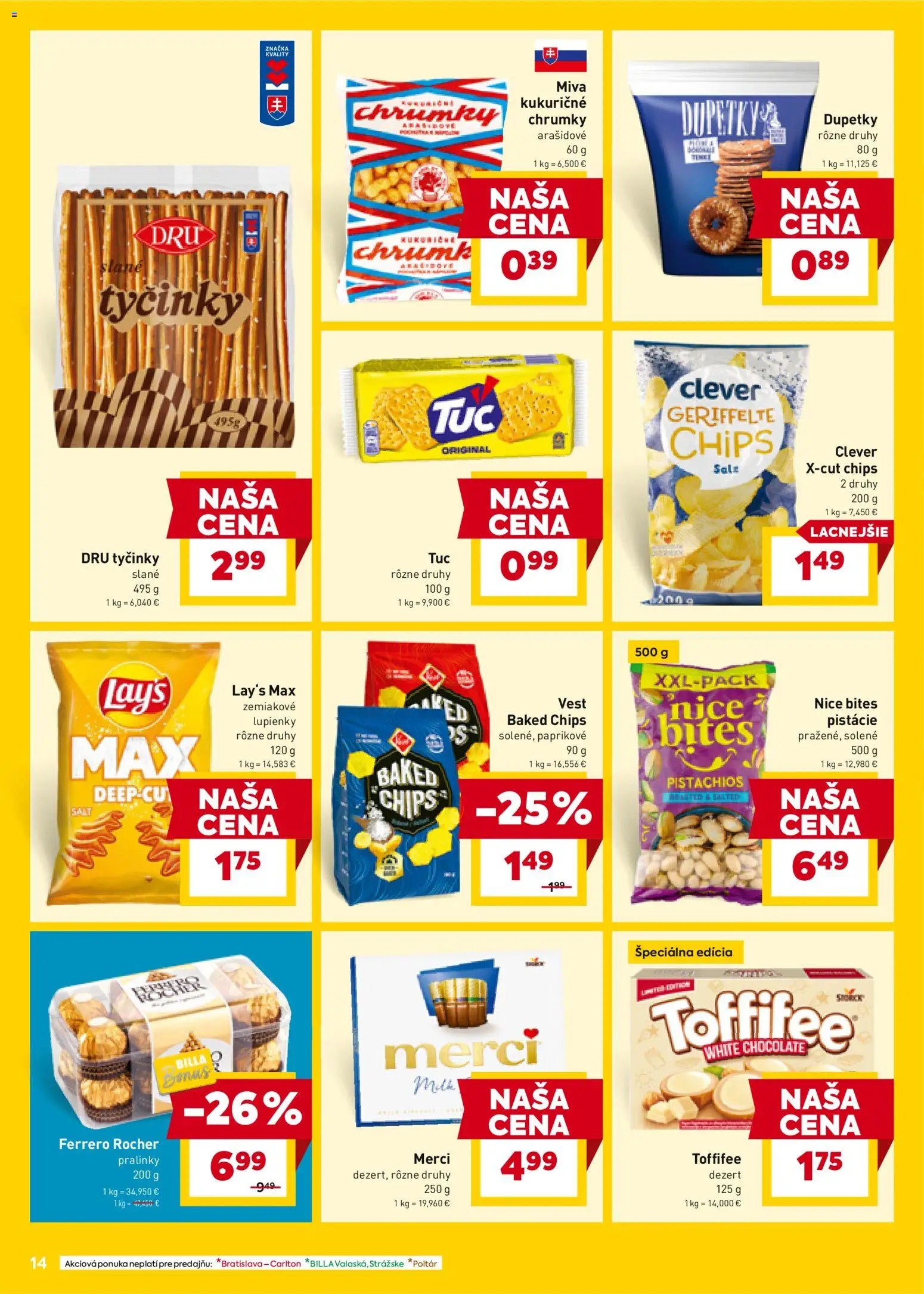 Nové Billa akcie – leták je platný od 29.10.2025 | Strana: 14 | Produkty: Merci, Toffifee, Ferrero Rocher, Pistácie