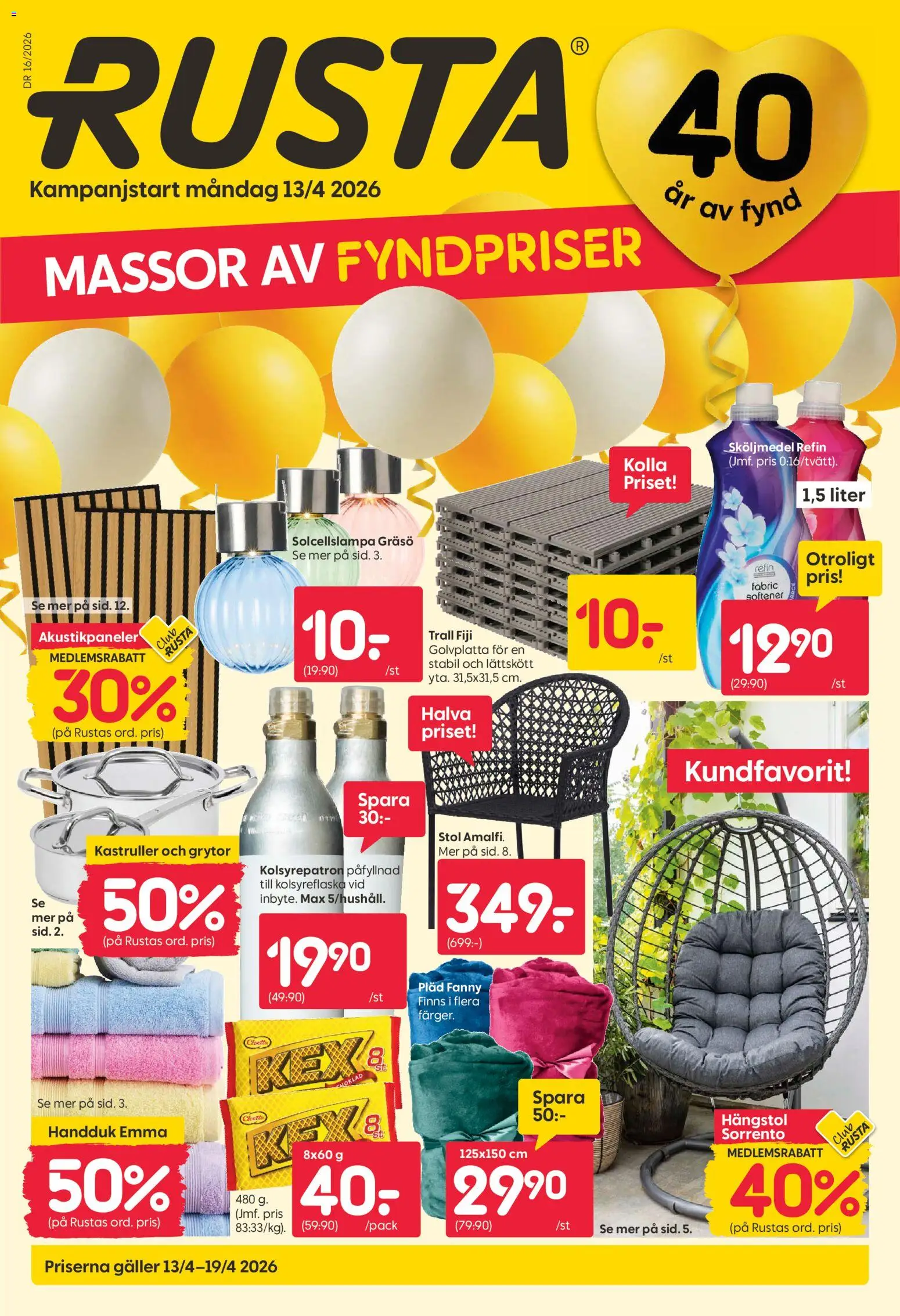 Rusta reklamblad aktuell från 13.04.2026 | Sida: 1 | Produkter: Sköljmedel, Galler, Stol, Kolsyrepatron