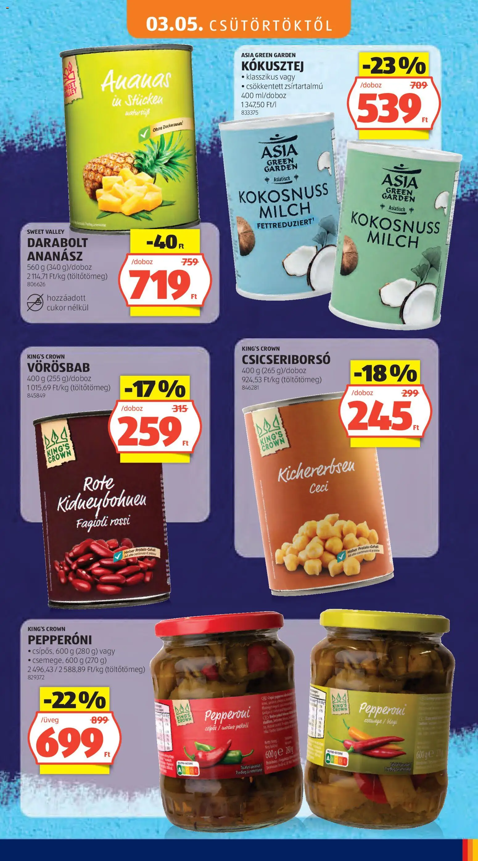 Aldi akciós ujság - amely érvényes a következő dátumtól: 05.03.2026 | Oldal: 15 | Termékek: Csicseriborsó, Kókusztej, Ananász, Cukor