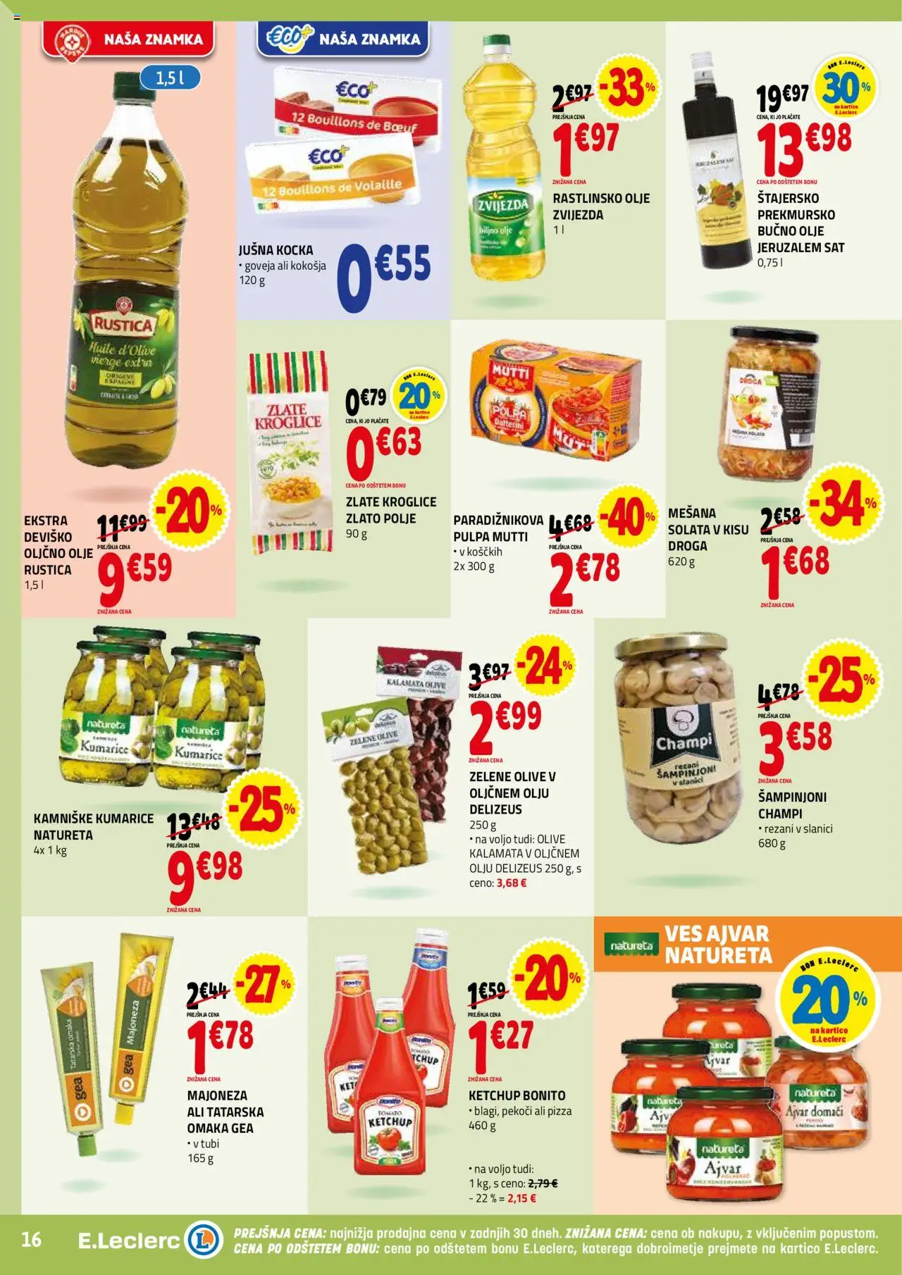 Novi E.leclerc katalog ponudbe – veljaven od 10.09.2025 | Stran: 16 | Izdelki: Ajvar, Olive, Kumarice, Majoneza
