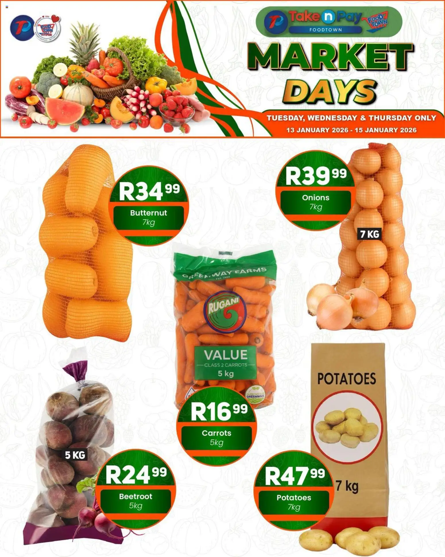 New Take n Pay catalogue – valid from 13.01.2026 | Page: 4 | Products: Carrots, Potatoes, Onions