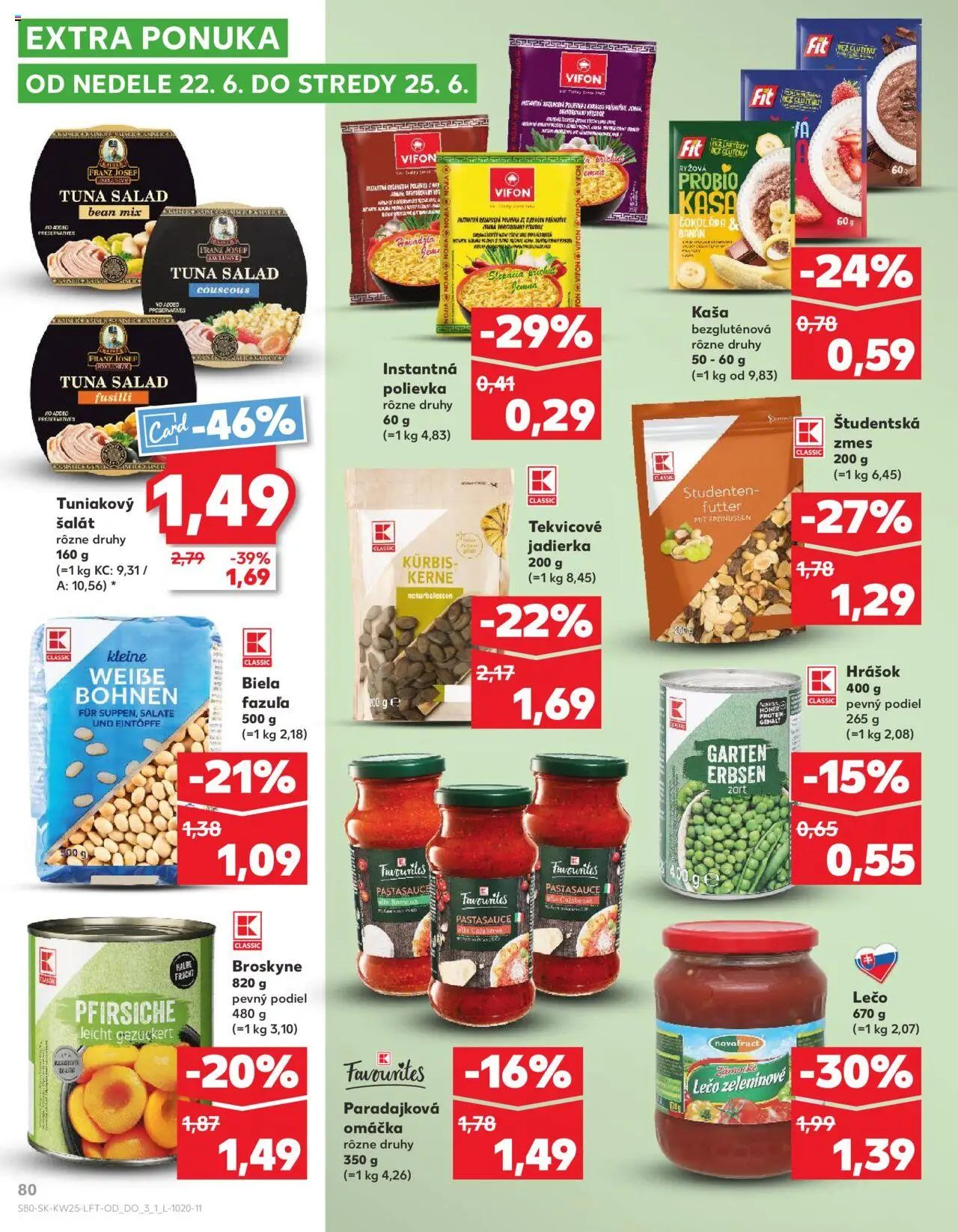 Nové Kaufland akcie – leták je platný od 19.06.2025 | Strana: 80 | Produkty: Fazuľa, Hrášok, Šalát, Broskyne