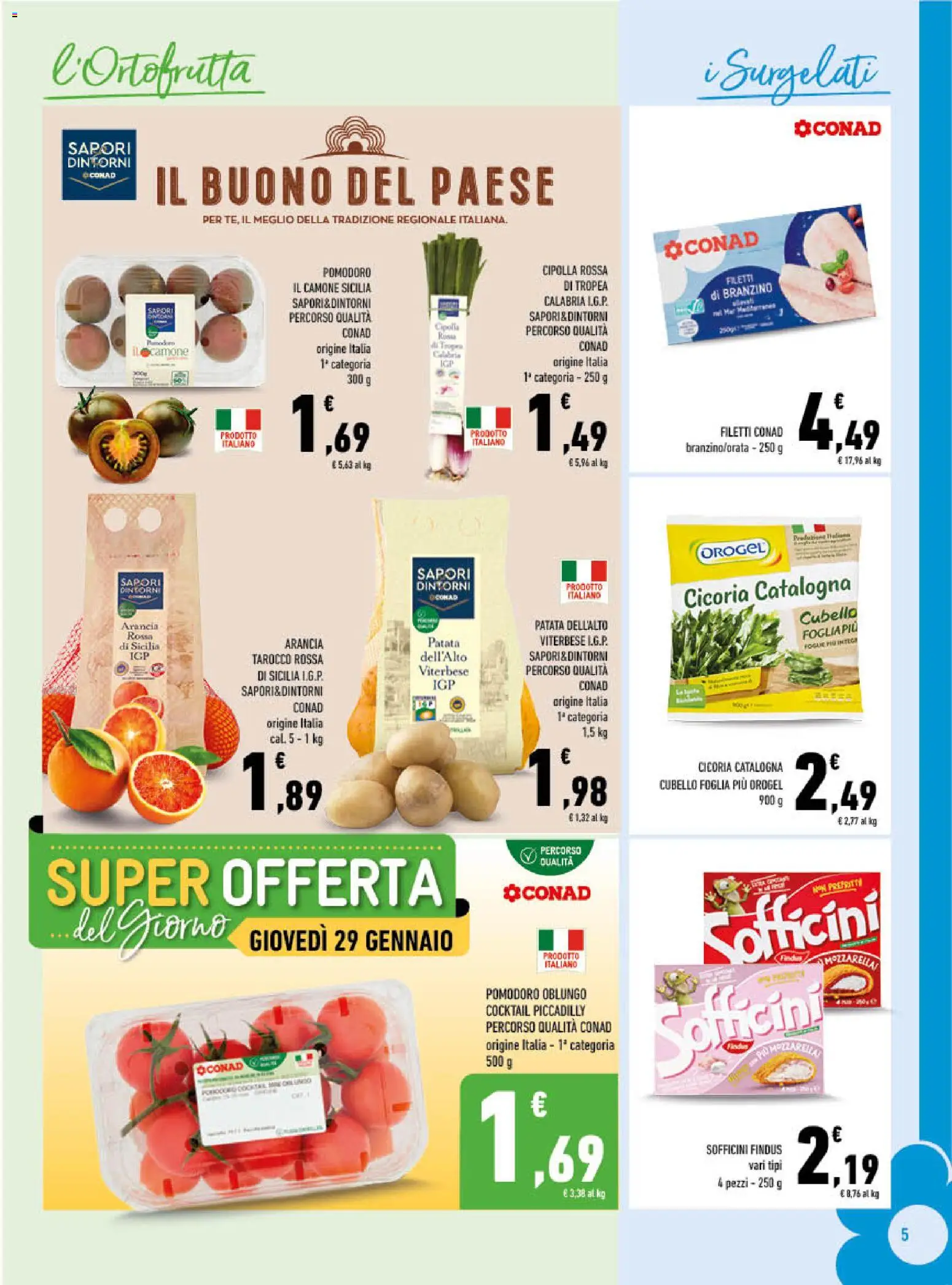 Volantino Conad del 28.01.2026 | Pagina: 5 | Prodotti: Branzino, Pomodoro, Arancia