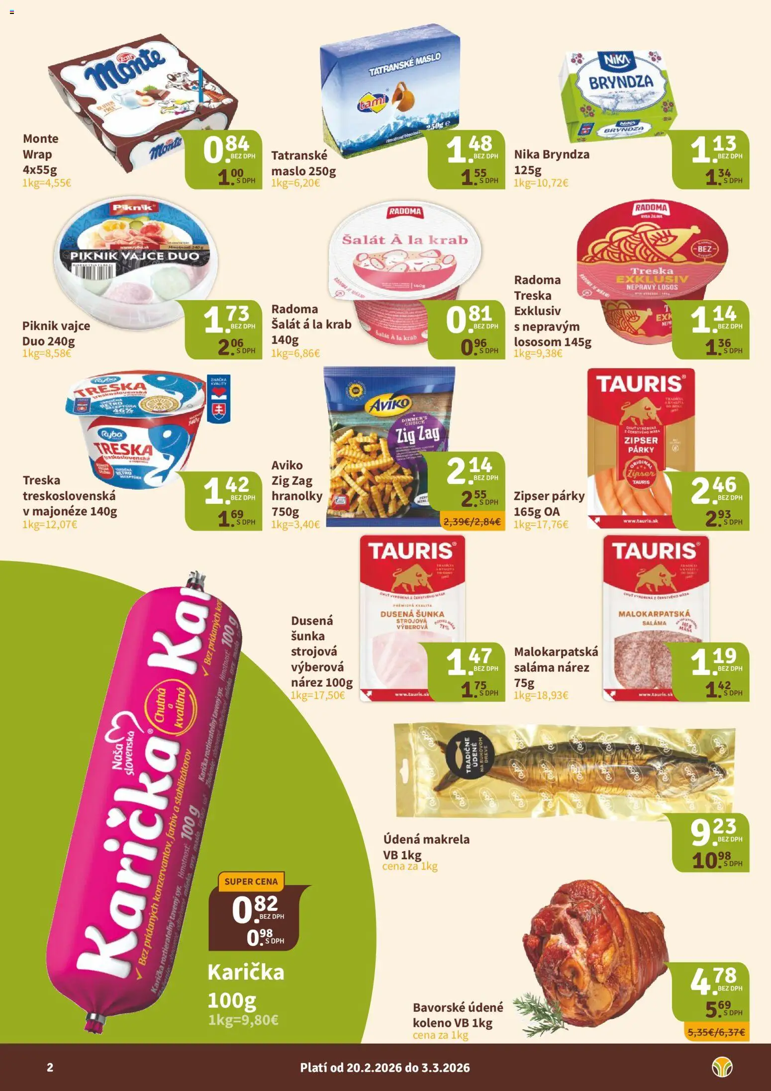 Nové Nitrazdroj akcie – leták je platný od 20.02.2026 | Strana: 2 | Produkty: Maslo, Saláma, Šunka, Párky