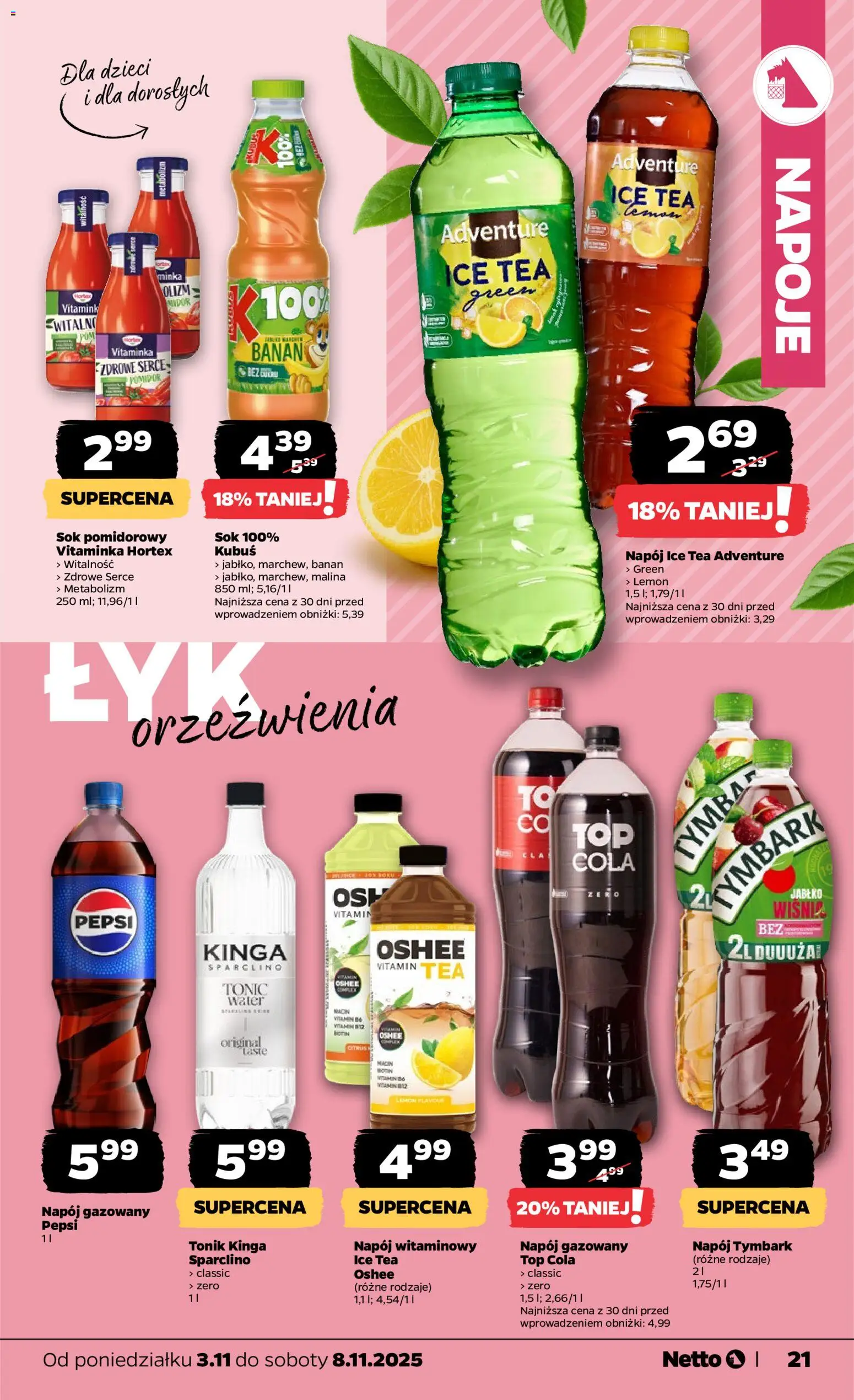 Netto gazetka - Spożywcza od 02.11.2025 | Strona: 21 | Produkty: Pepsi, Sok, Banan, Tonik