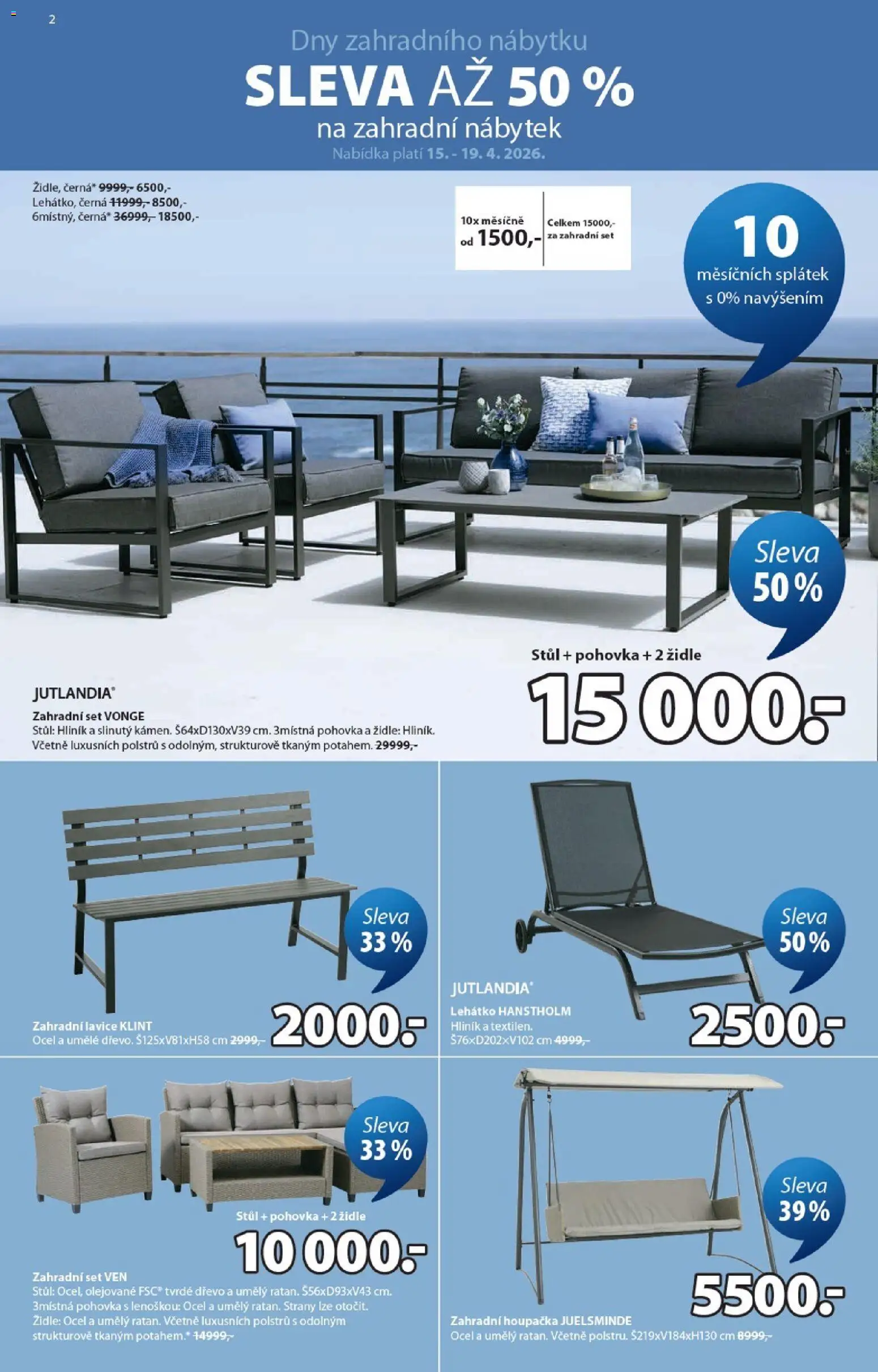 JYSK leták od 15.04.2026 | Strana: 2 | Produkty: Zahradní houpačka, Pohovka, Lehátko, Lavice
